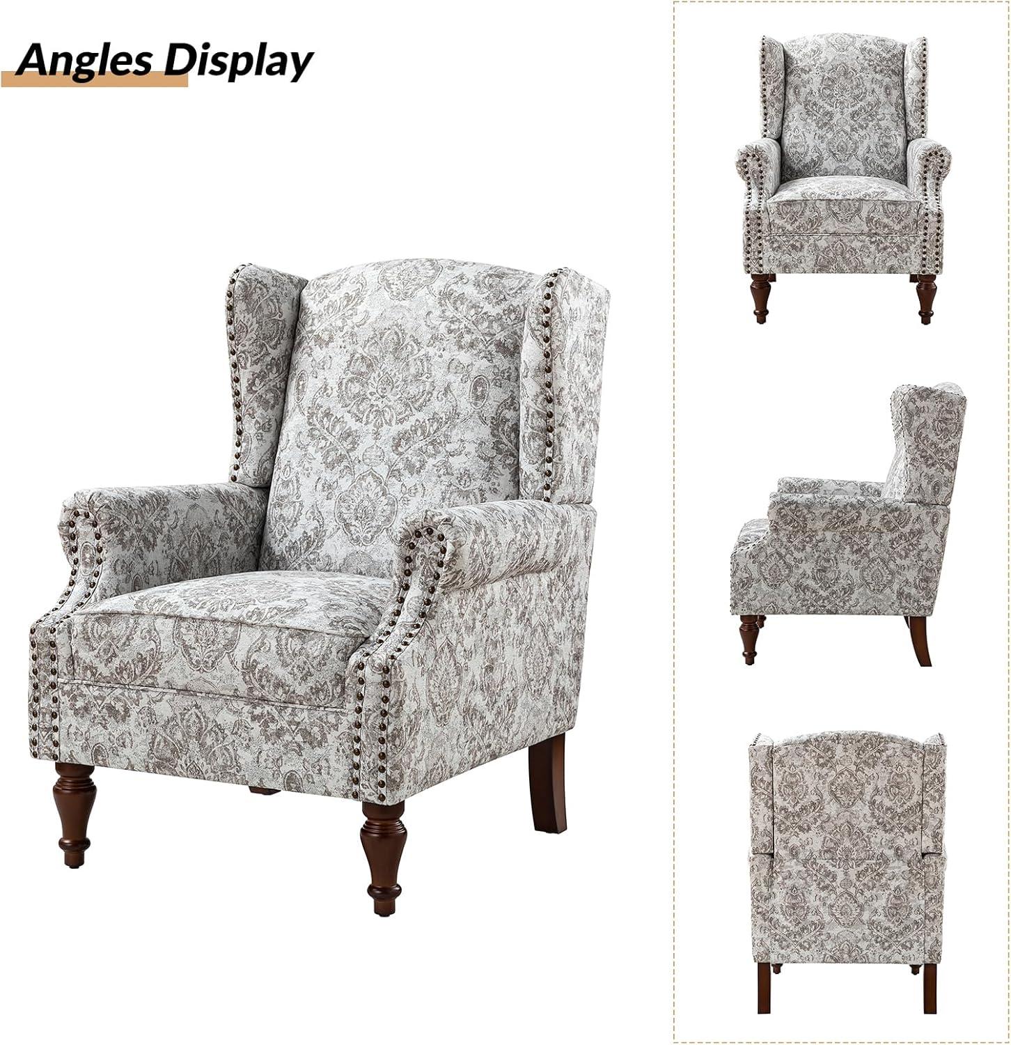 Beige Floral Pattern Wingback Accent Chairs with Wooden Legs