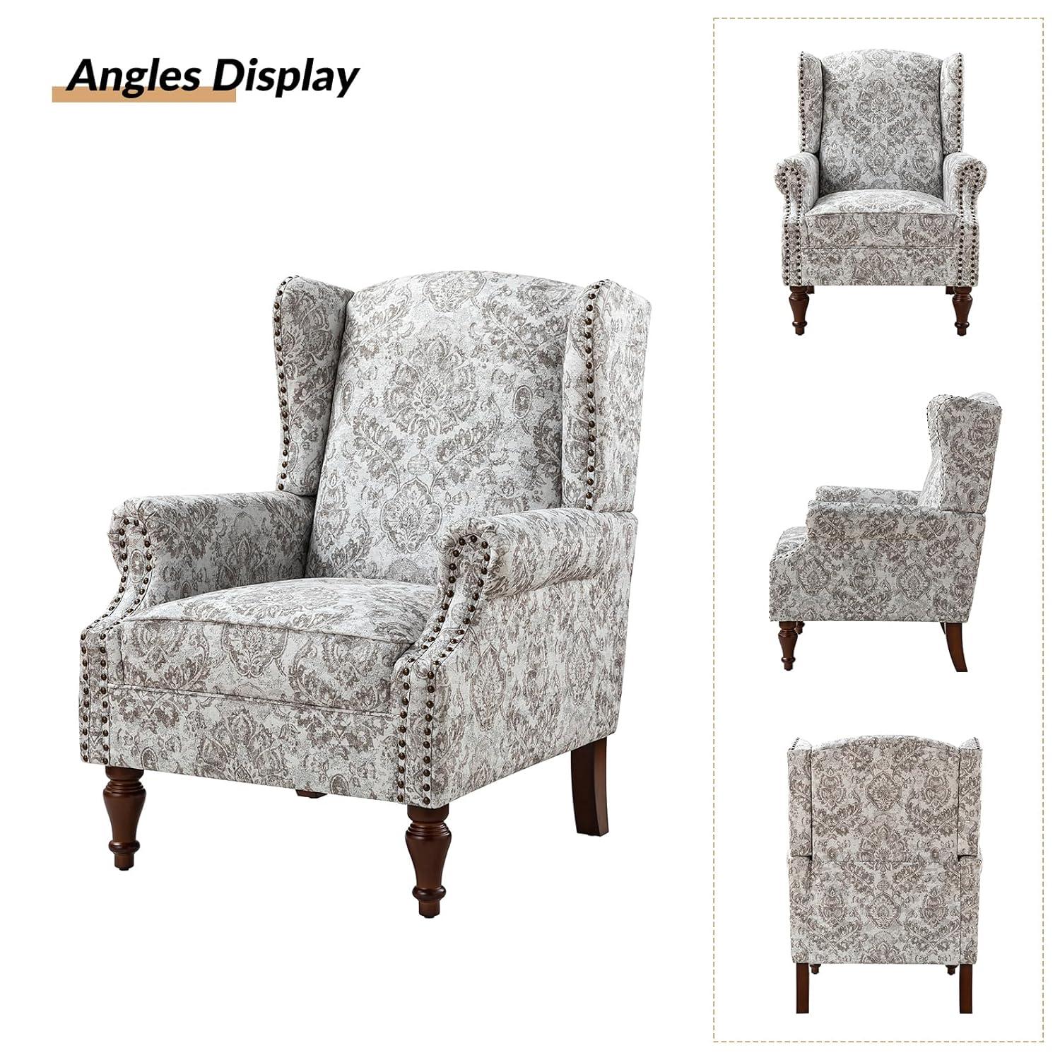 Beige Floral Pattern Wingback Accent Chairs with Wooden Legs