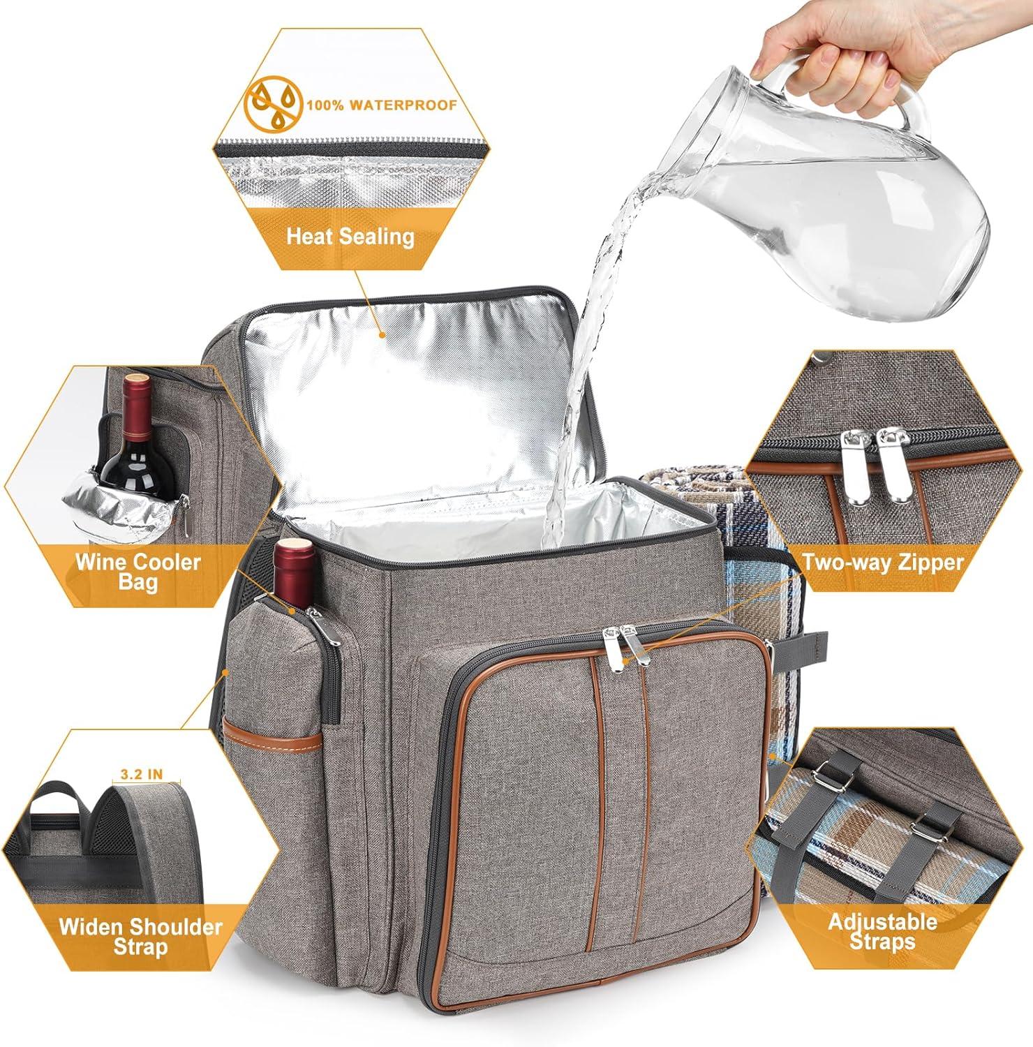 Gray Insulated Picnic Backpack with Tableware Set and Blanket