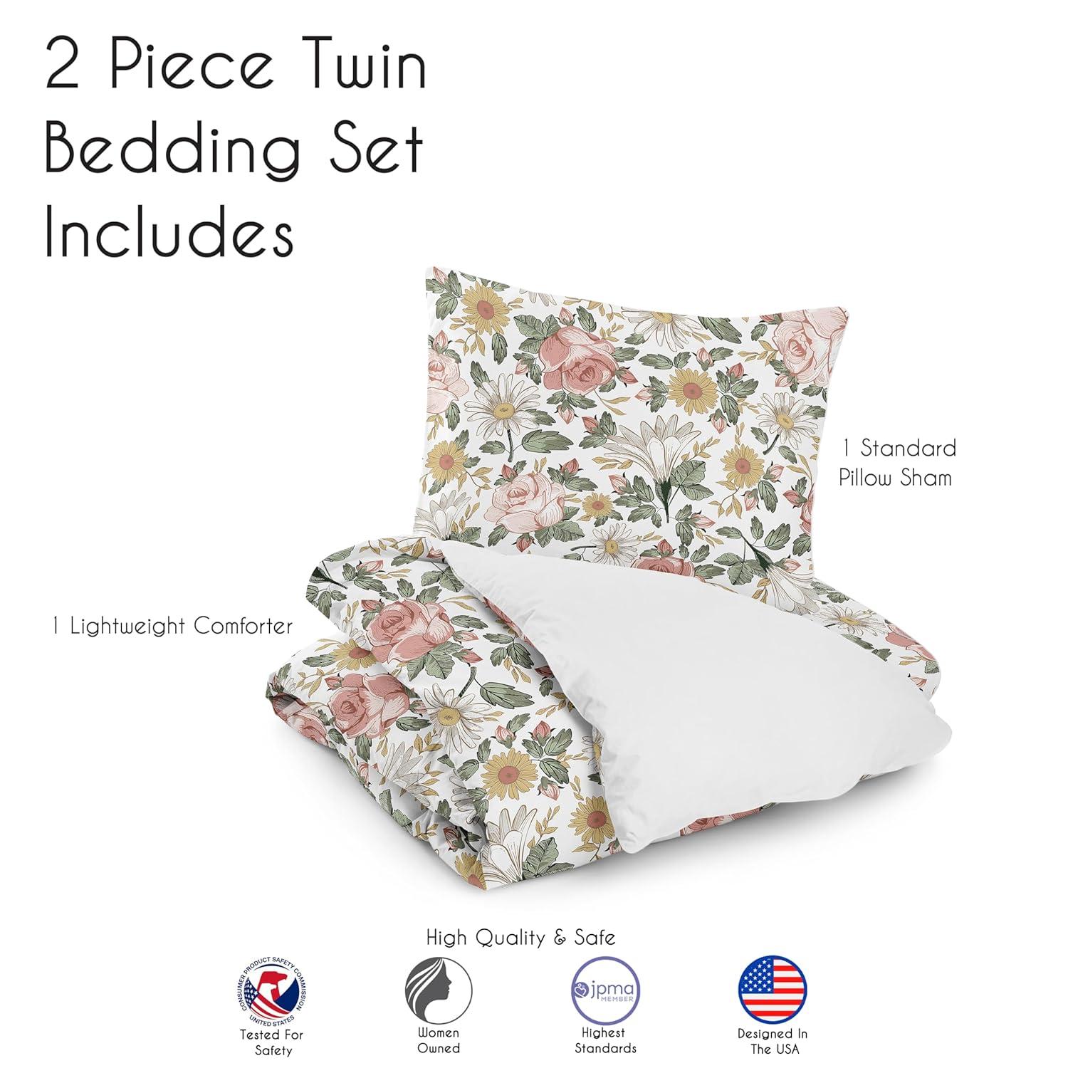 Sweet Jojo Designs Pink and Green Vintage Floral Rose Twin Bed Comforter Bedding Set