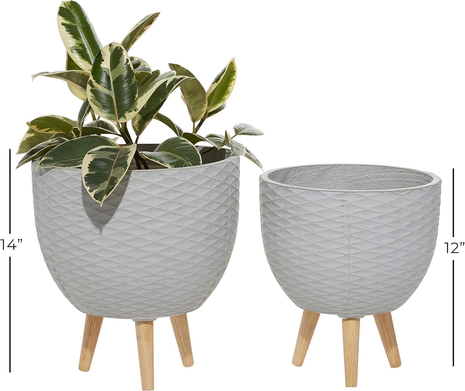 Gray Ceramic Indoor Outdoor Planters with Wooden Legs, Set of 2