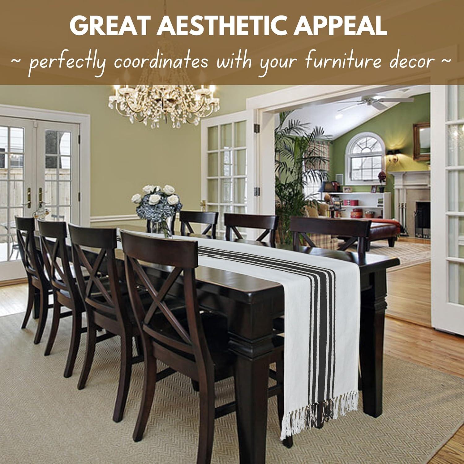 Design Imports  Black Striped Fringe Ribbed Table Runner 14X72