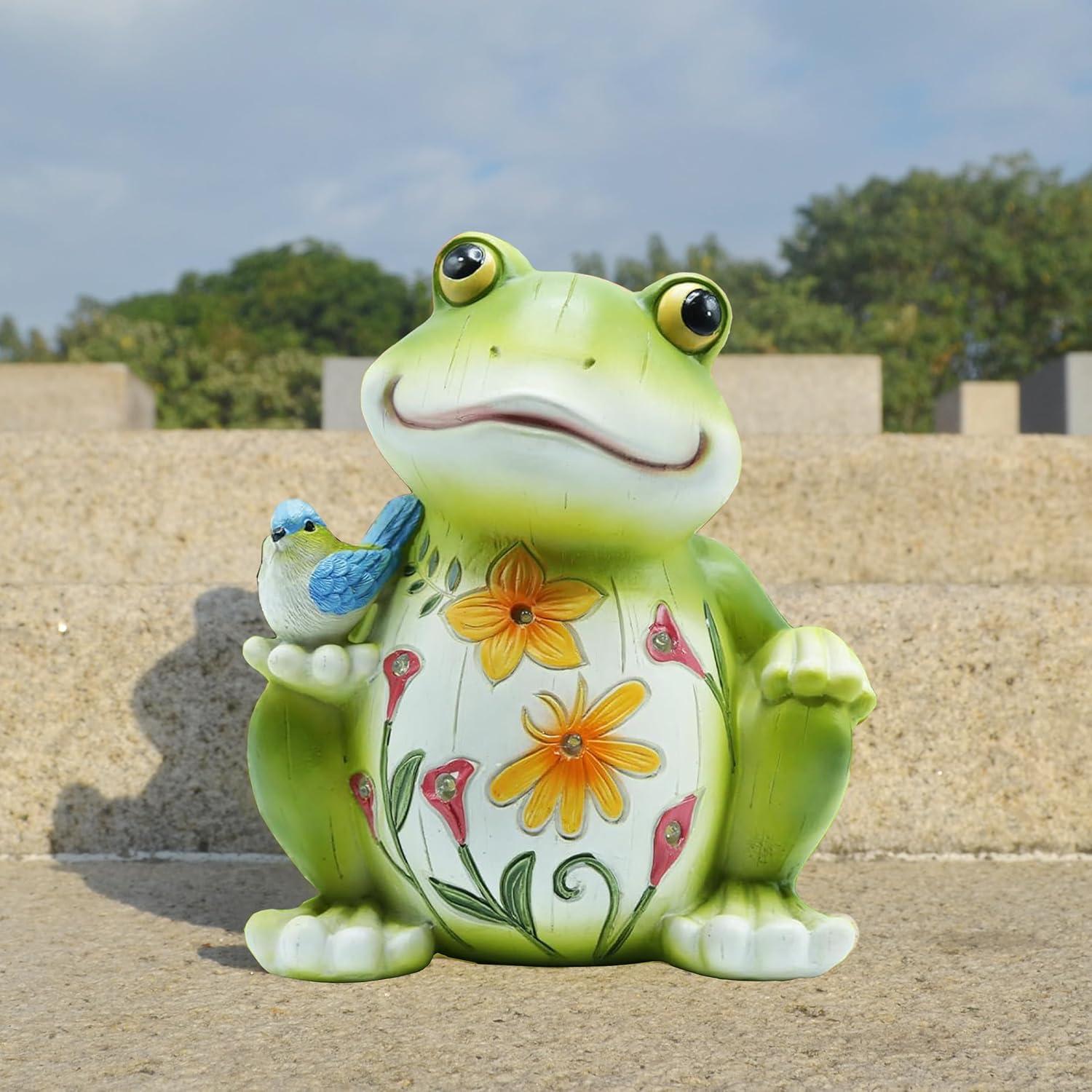 Green Resin Solar Frog Garden Statue with Bird