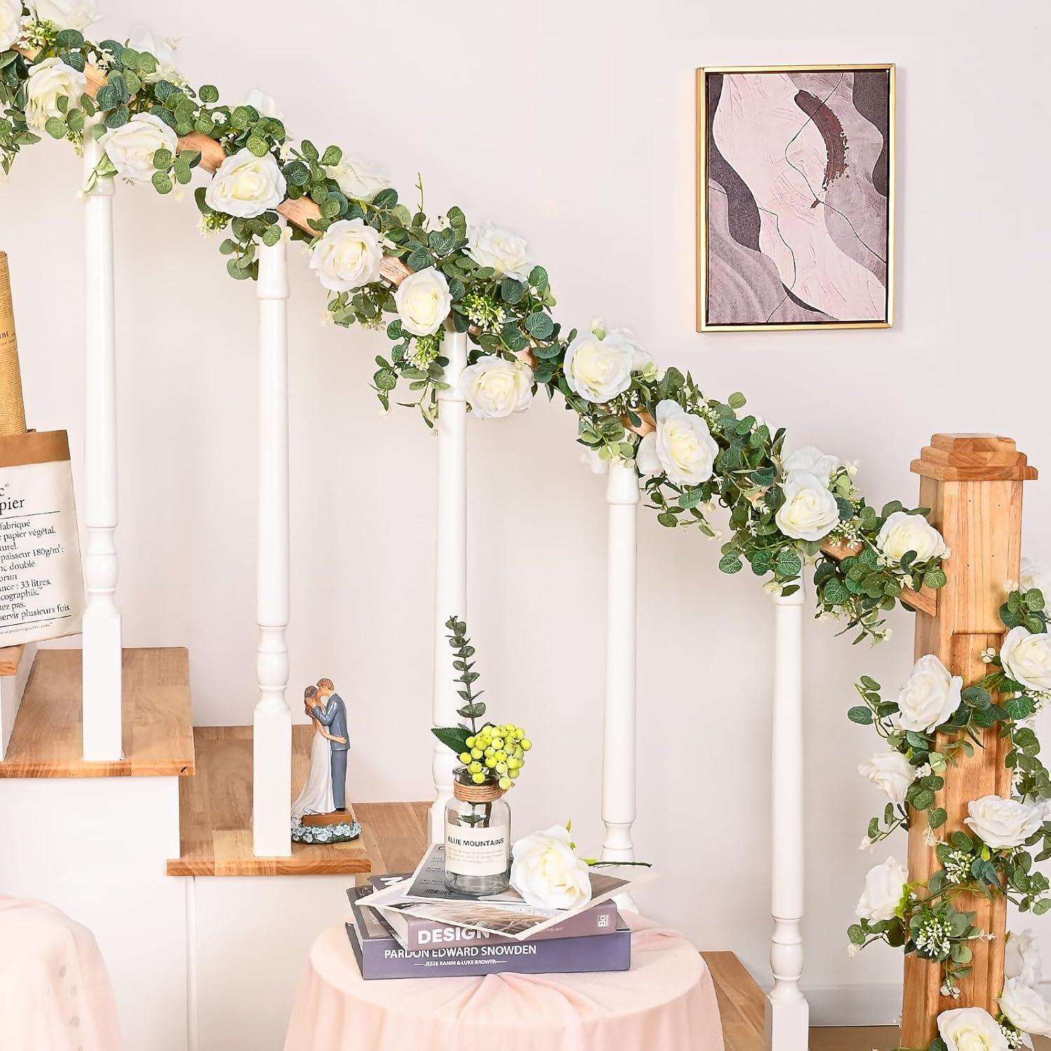 13Ft White Rose and Eucalyptus Artificial Garland Set