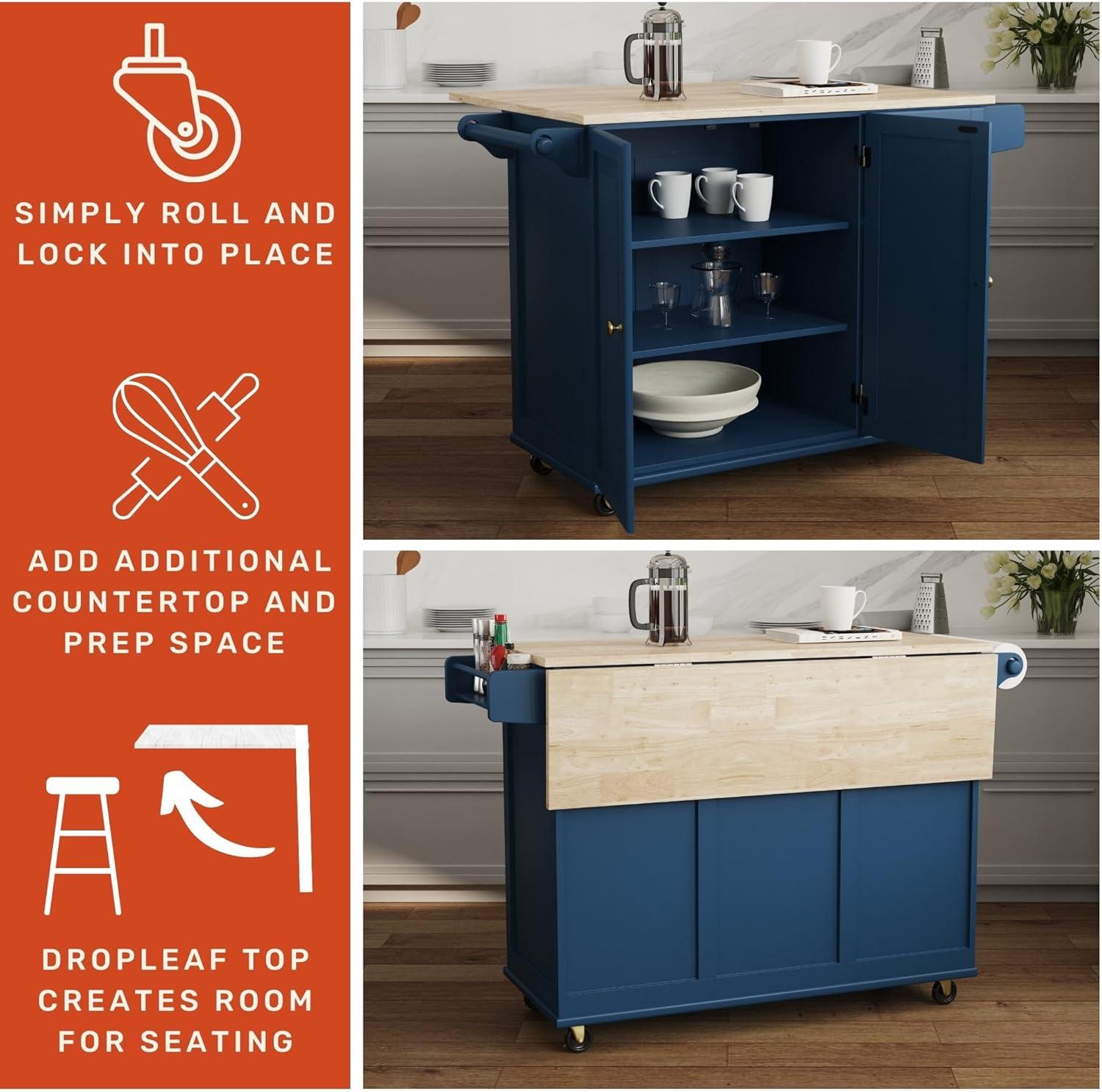 Homestyles Dolly Madison Traditional Engineered Wood Kitchen Cart in Blue/Brass