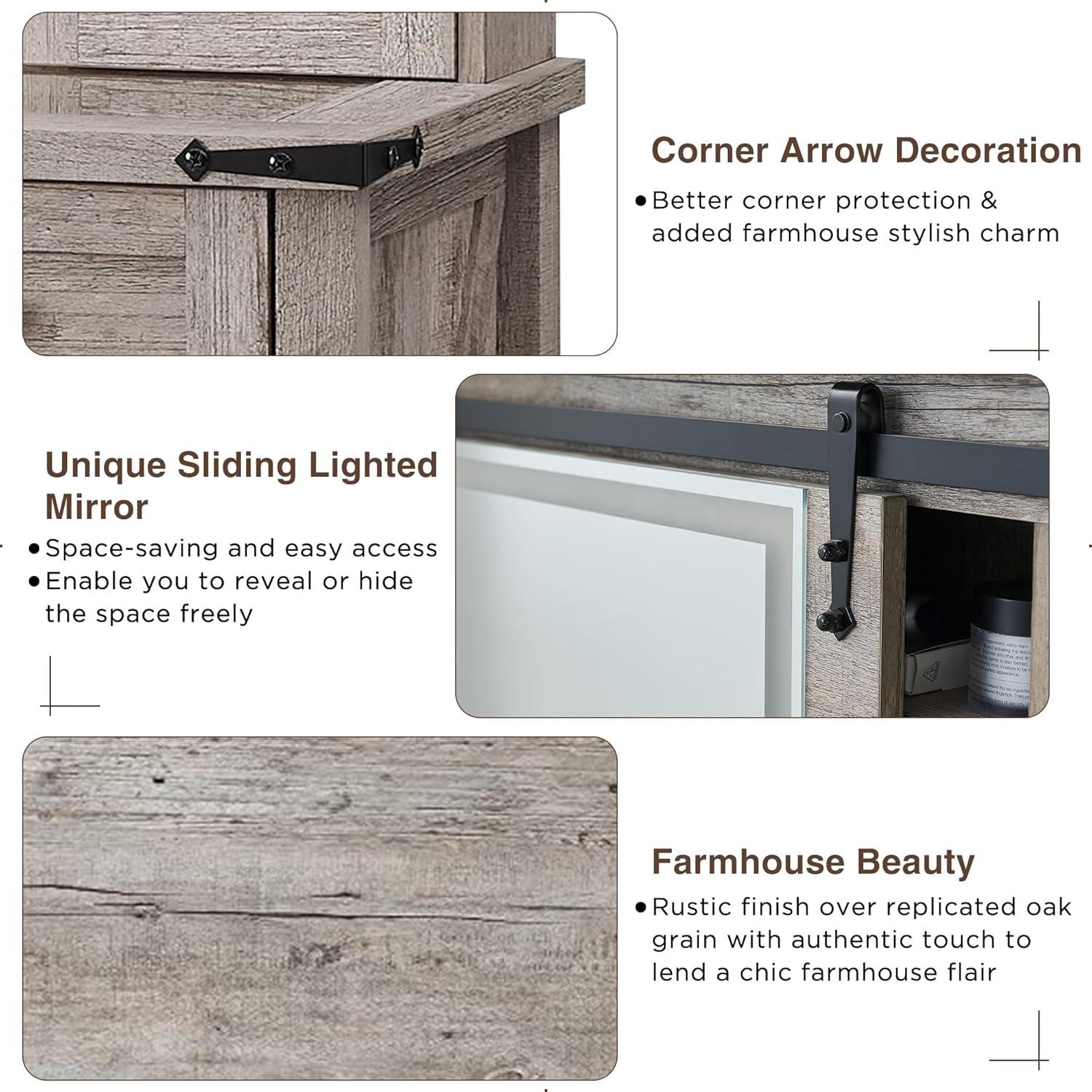 OKD Rustic Vanity Set with Adjustable Lights Sliding Mirror, Farmhouse Wood Vanity Makeup Desk Set with Stool for Bedroom, Light Rustic Oak