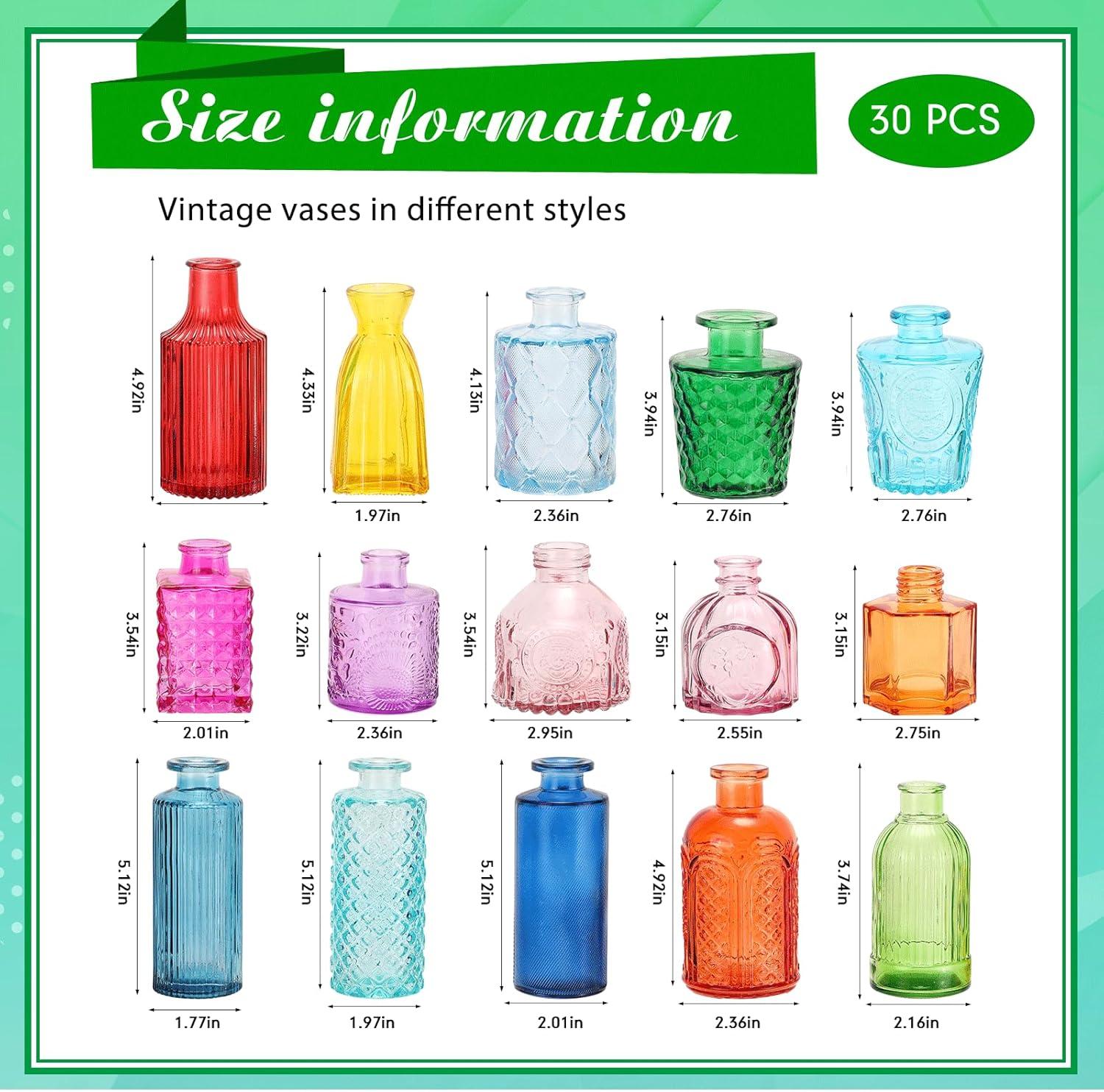 Yaomiao 30 Pcs Vases Bulk Colored Flower Glass Vases Bud Vintage Colored Glass Bottles Colorful Rustic Embossed for Home Wedding Table Decorations Gifts (Bright Color)