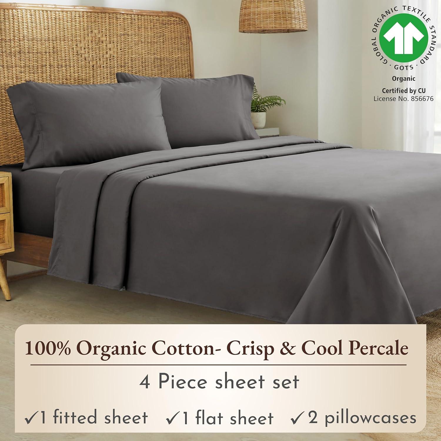 California Design Den  Bed Sheets Set - 100% Organic Cotton Percale, Deep Pocket, GOTS Certified