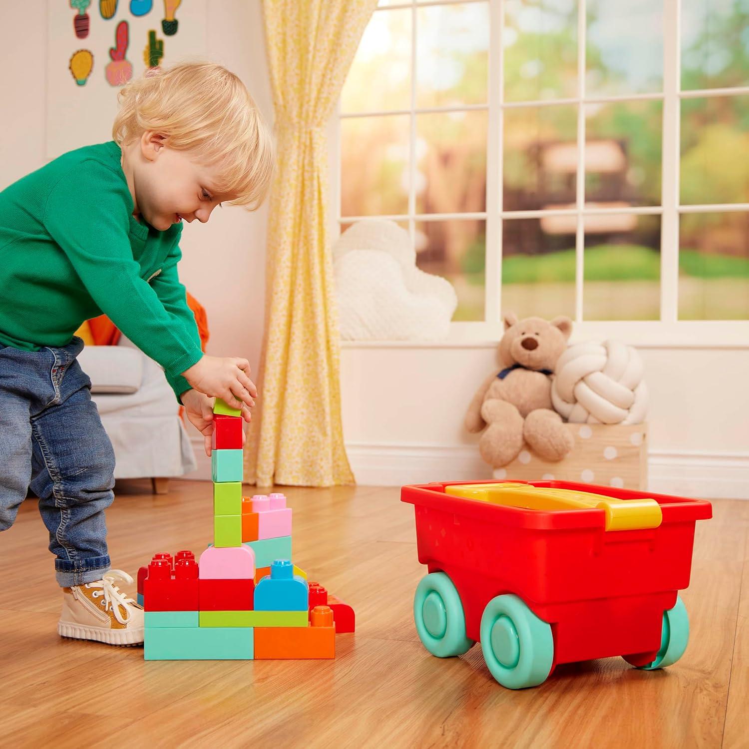 Battat Red Builder’s Wagon with 40+ Building Plastic Blocks, Toddler and Preschool Toys