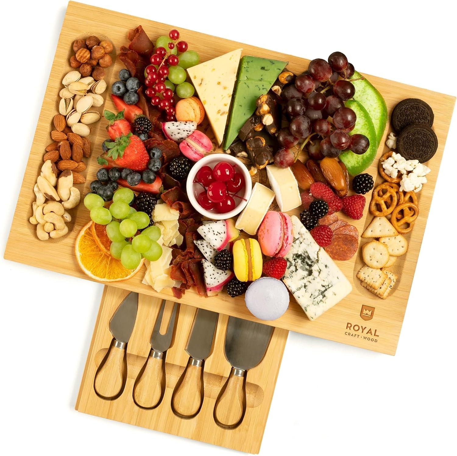 Luxury Bamboo Cheese Board Set with Cutlery Drawer