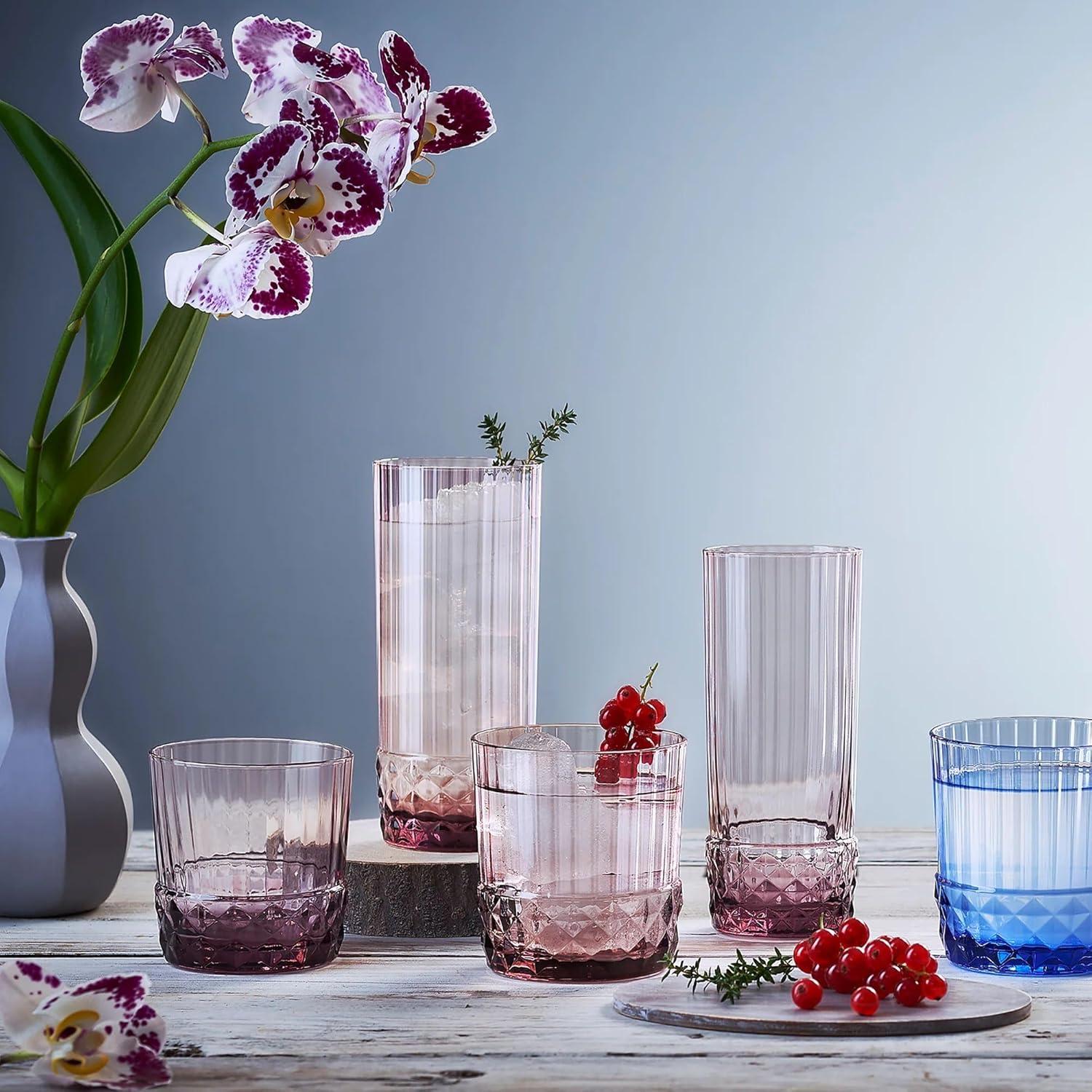 Bormioli Rocco America '20s Lilac Rose Cooler Glasses, Set of 6 - Made in Italy Tainted Crystal Glass - 16.5 oz