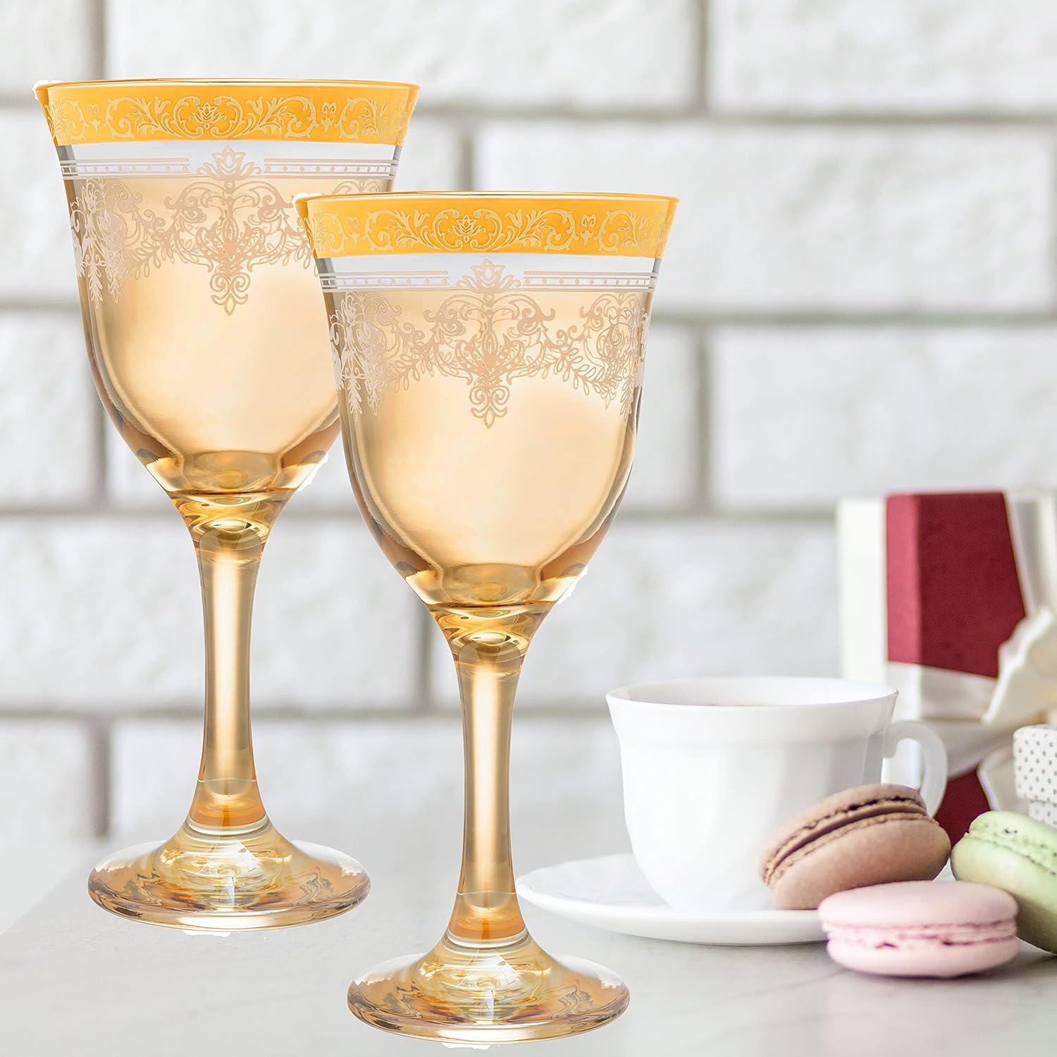 Amber Gold Trim Italian Crystal Goblet Set, 6 Pieces