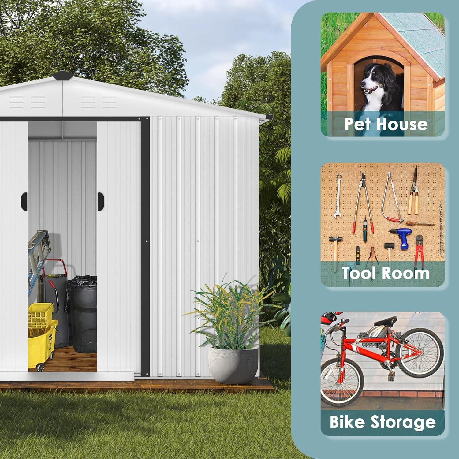 White 6' x 8' Outdoor Metal Storage Shed with Sliding Door