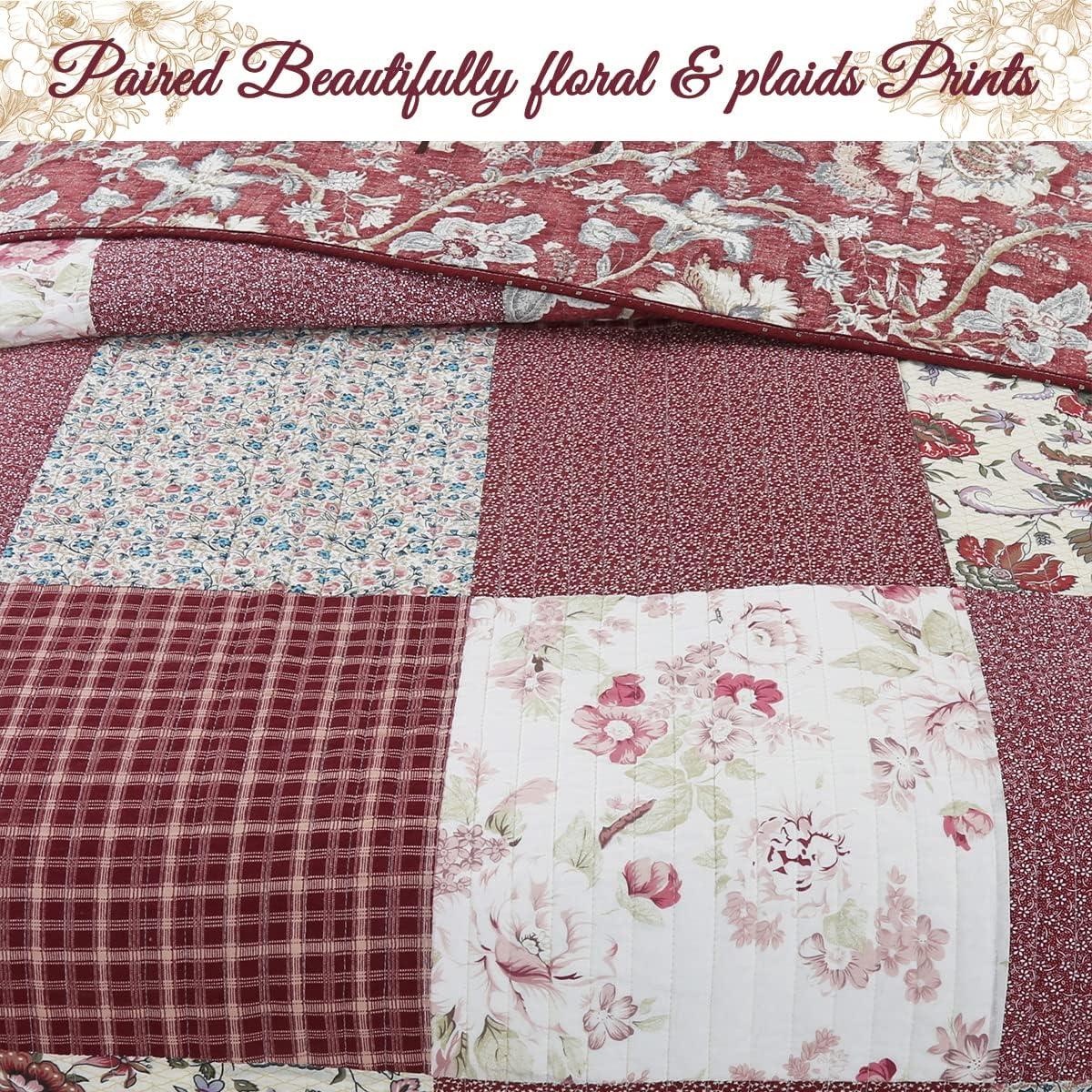 Cozy Line Thalia Real Patchwork Red Floral 3 Piece Reversible Cotton Quilt Bedding Set Queen