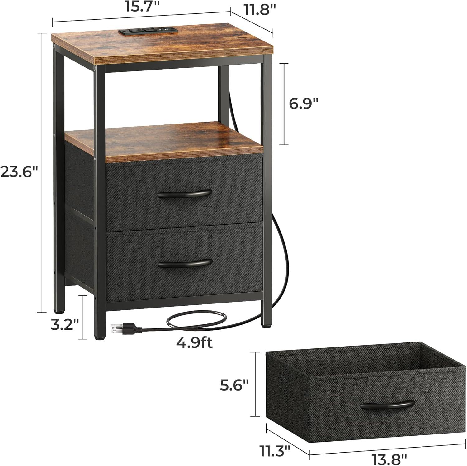 Rustic Brown and Black 2-Drawer Nightstands with Charging Station