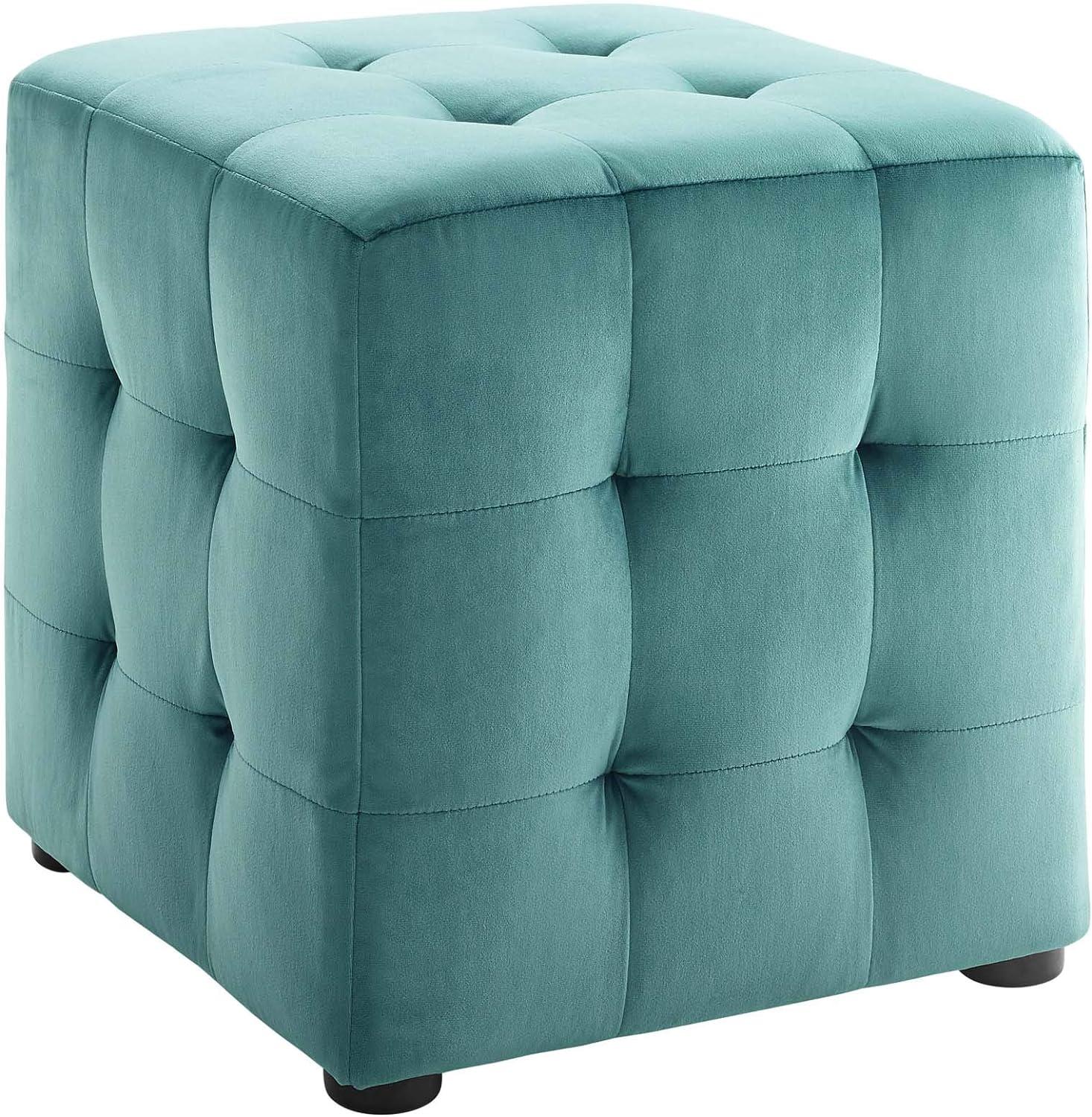 Teal Tufted Velvet Cube Ottoman with Button Details