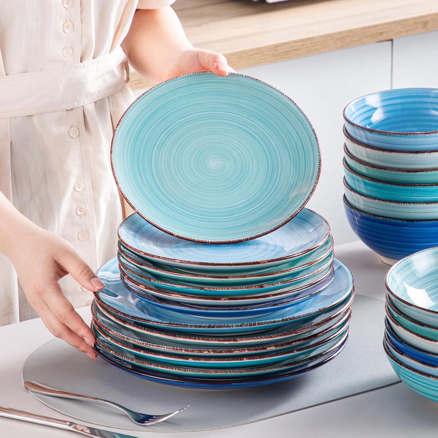 vancasso Bonita Dinnerware Set Blue Stoneware 24 Pieces Service for 6, Handpainted Spirals Pattern Stoneware Combination Set
