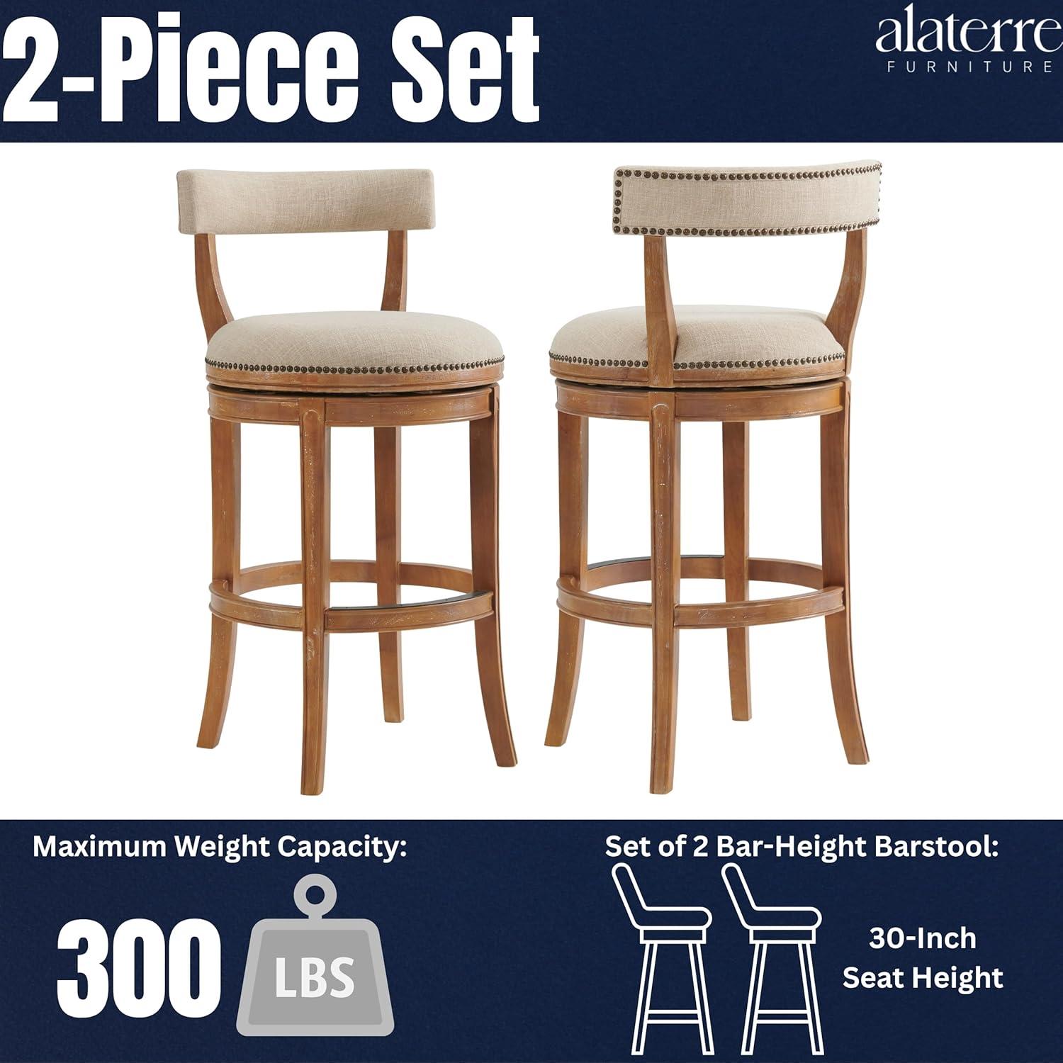 Alaterre Hanover Swivel Bar Height Stool, Weathered Brown and Beige, Solid Rubberwood Frame with Faux Linen Upholstered Seat, Nailhead Trim, Memory Return Swivel, 20 in. W x 22 in. D x 41 in. H