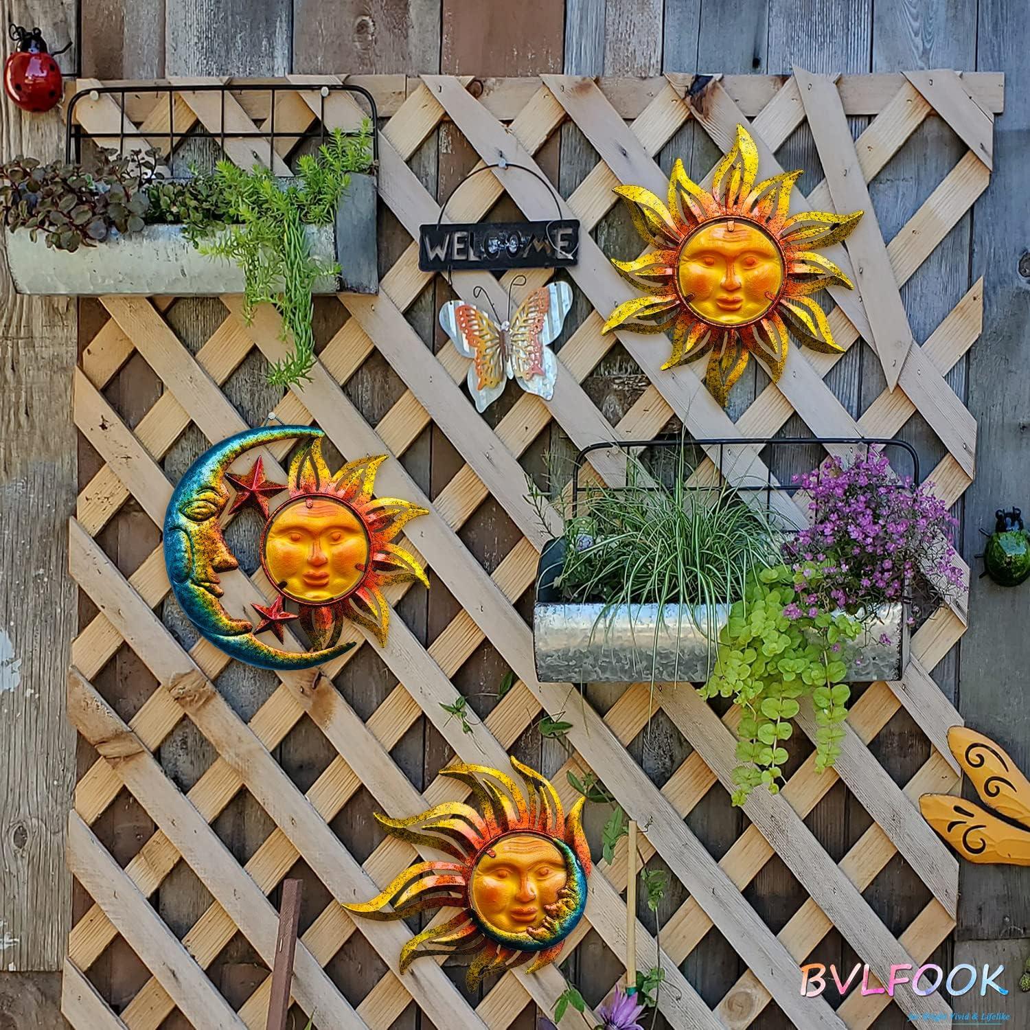 BVLFOOK Sun Face Metal Wall Art Decor Outdoor Indoor, Sun Moon Star, Metal & Glass Hanging Wall Patio Decorations for Outdoor Living Room Bedroom Garden Porch Fence Balcony, Set of 3, 9 inch Large