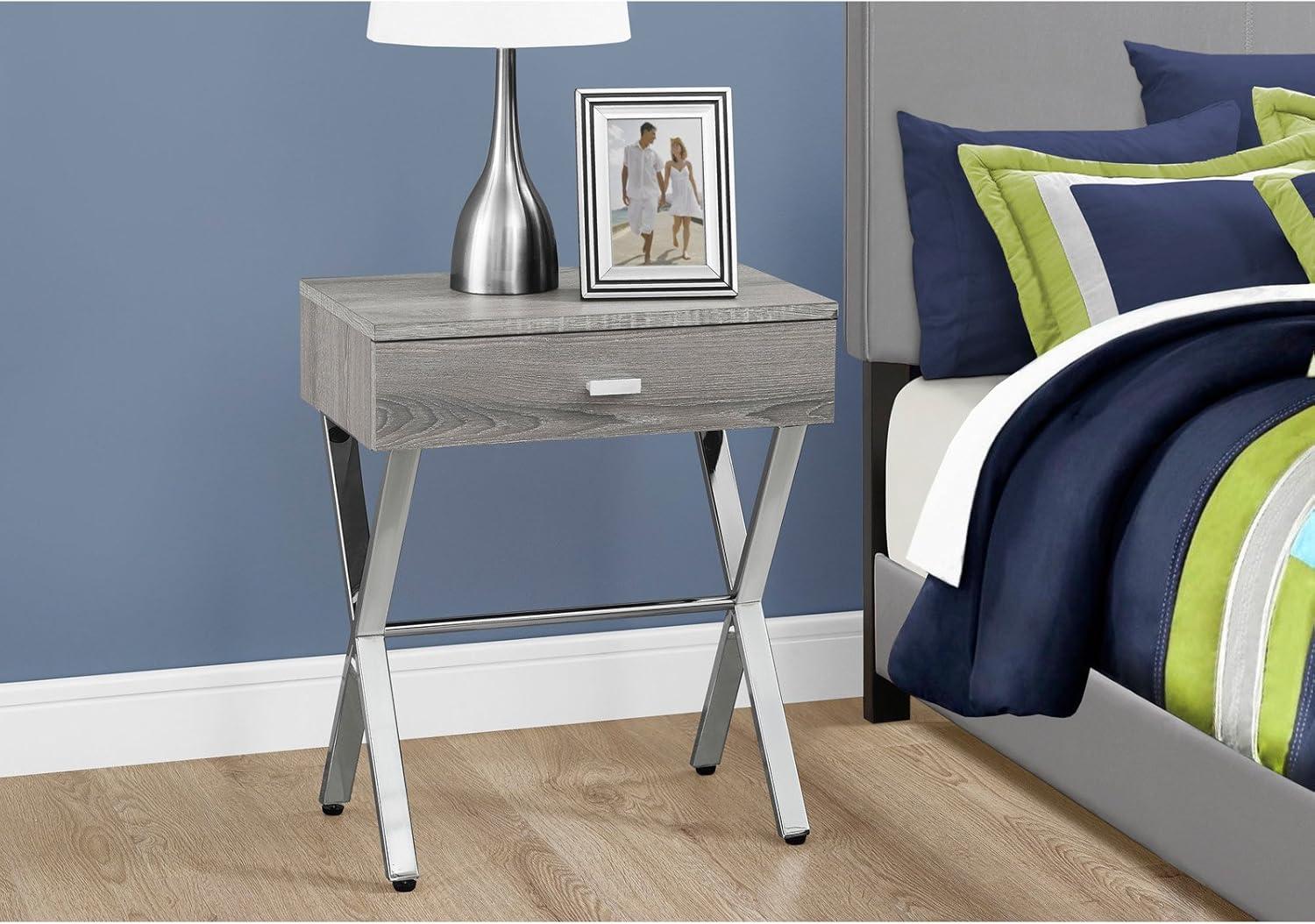 Monarch Specialties Accent Table, Side, End, Nightstand, Lamp, Storage Drawer, Living Room, Bedroom, Metal, Laminate, Chrome, Contemporary, Modern-Finish:Glossy White