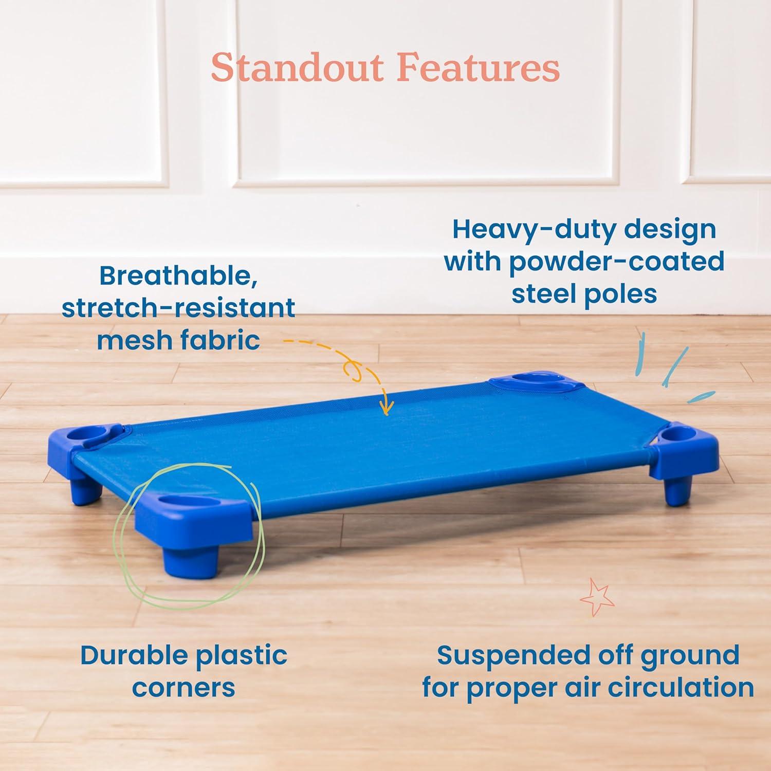 ECR4Kids ECR4Kids Stackable Kiddie Cot with Sheet, Classroom Furniture, Blue (Set of 6)