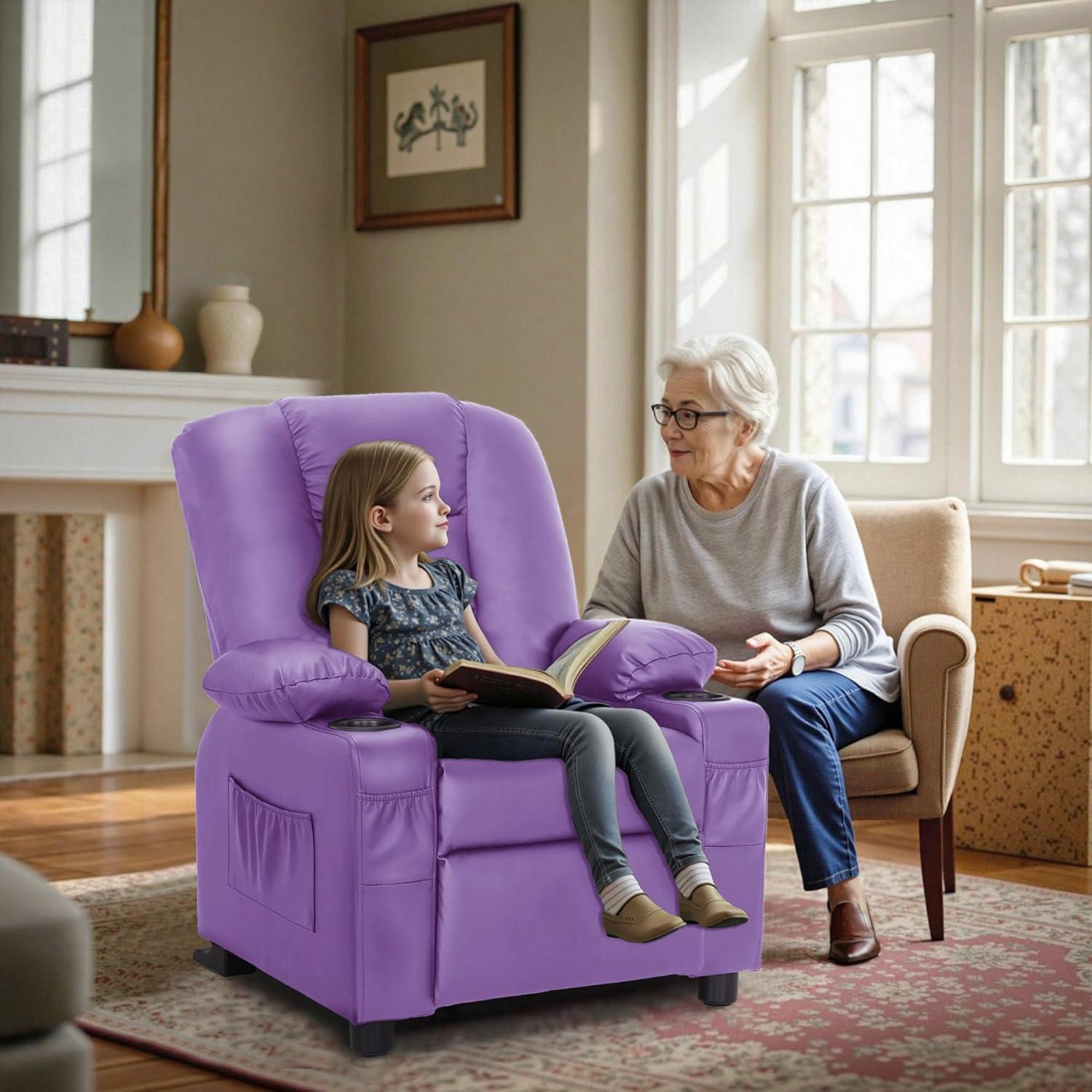 MCombo Big Kids Recliner Chair with Cup Holders for Toddler Boys and Girls, 2 Side Pockets, 3+ Age Group, Faux Leather 7322 Violet