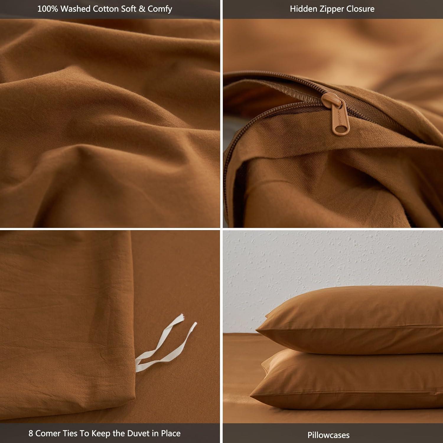MOOMEE 100% Washed Cotton Linen Like Textured Duvet Cover Set