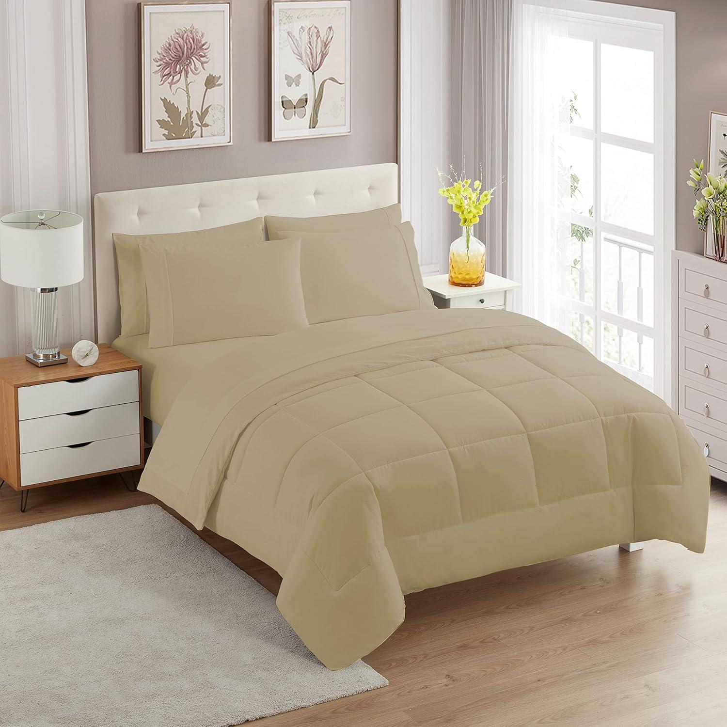 Taupe Queen 7-Piece Microfiber Down Alternative Bed Set