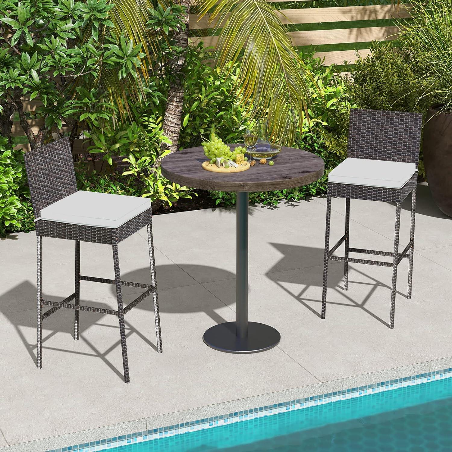 Kepooman Outdoor Bar Stool, 2 Pieces Patio Cushioned Wicker Barstools with Cozy Footrest-Set of 2