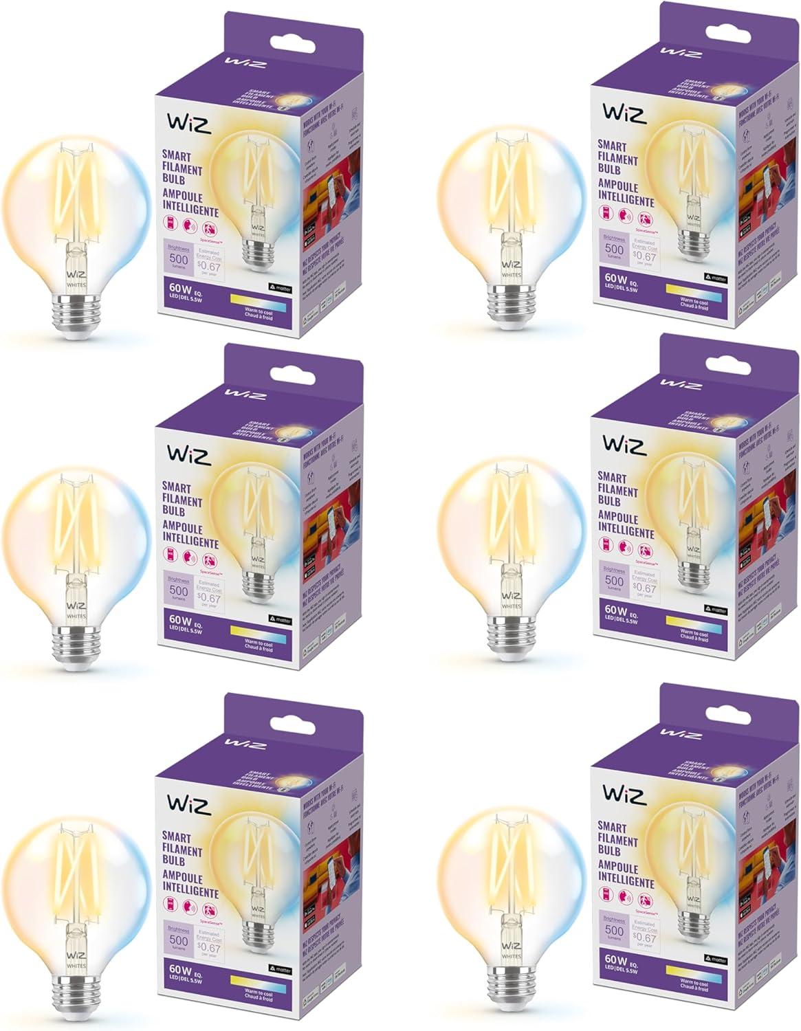 WiZ Clear 60W G25 Tunable White Filament LED Smart Bulb - Pack of 6 - E26- Indoor - Connects to Your Existing Wi-Fi - Control with Voice or App + Activate with Motion - Matter Compatible