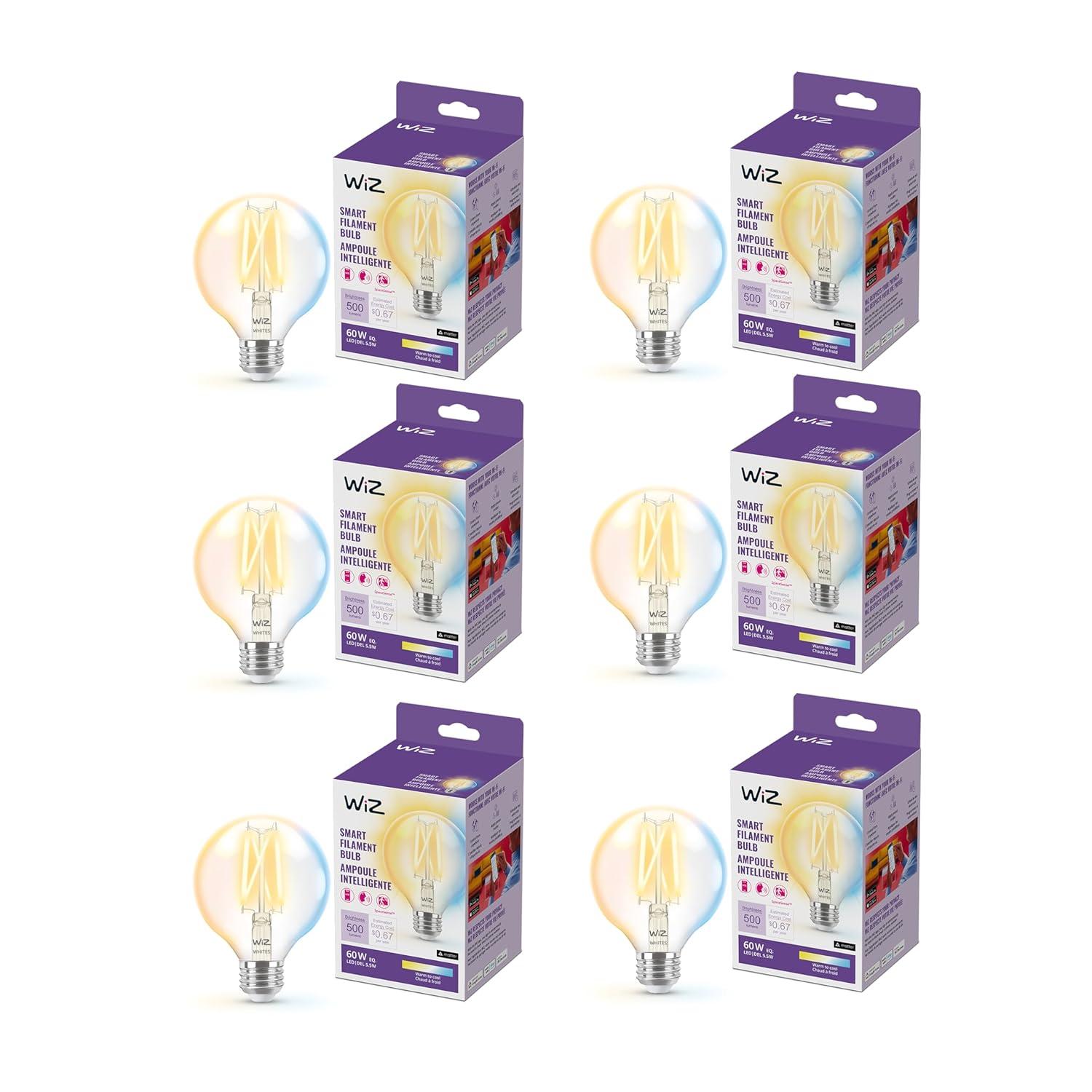 WiZ Clear 60W G25 Tunable White Filament LED Smart Bulb - Pack of 6 - E26- Indoor - Connects to Your Existing Wi-Fi - Control with Voice or App + Activate with Motion - Matter Compatible