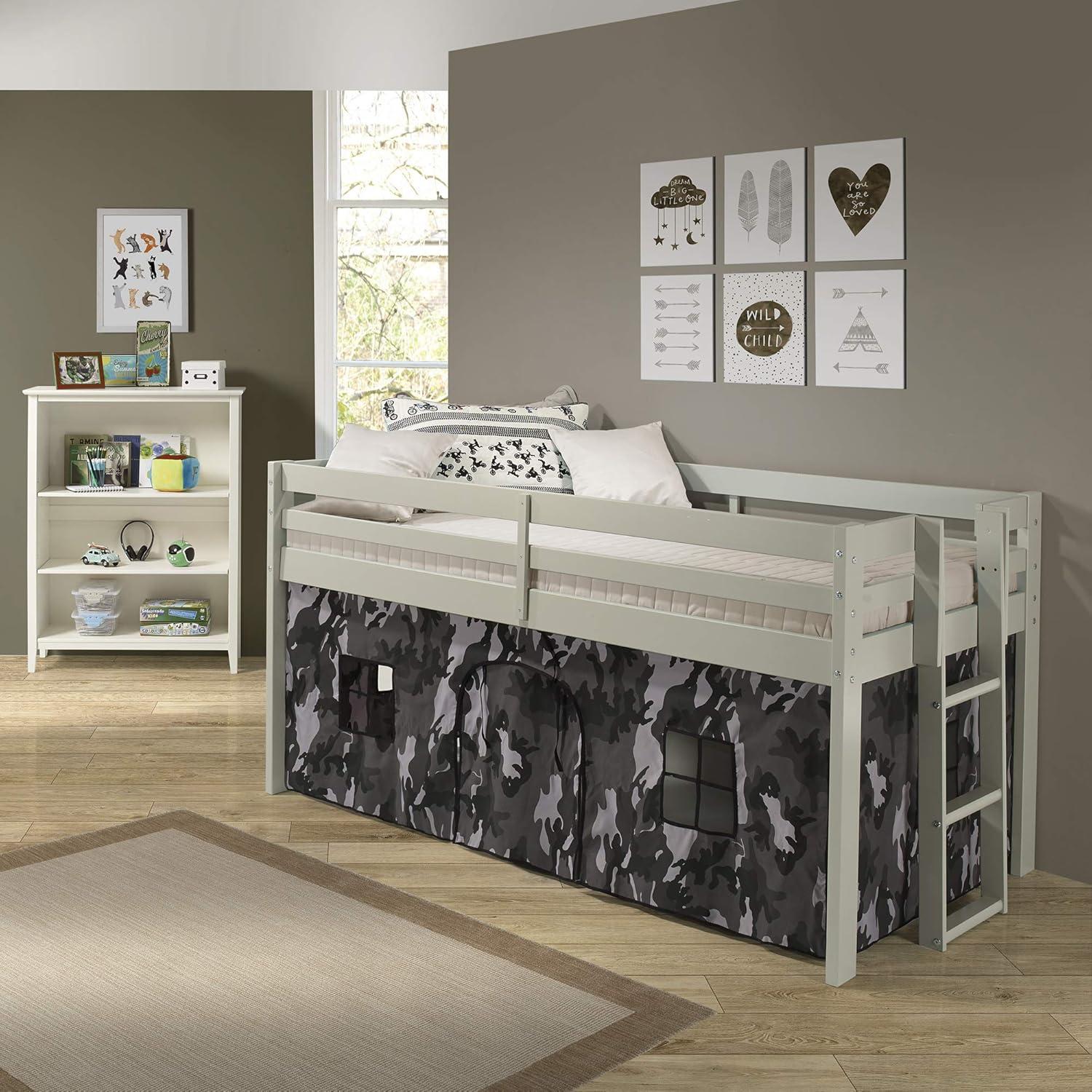 Dove Gray Twin Loft Bed with Camouflage Tent and Pine Frame