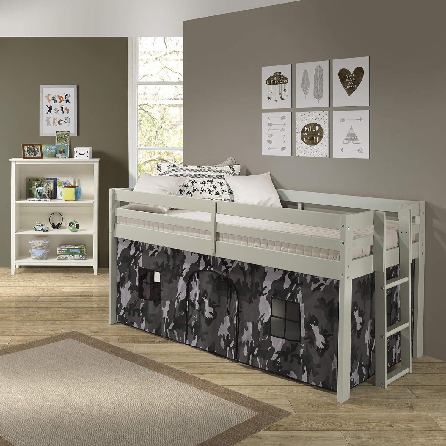 Alaterre Furniture Jasper Twin Junior Loft Bed, Dove Gray Frame and Gray Camouflage Bottom Playhouse Tent