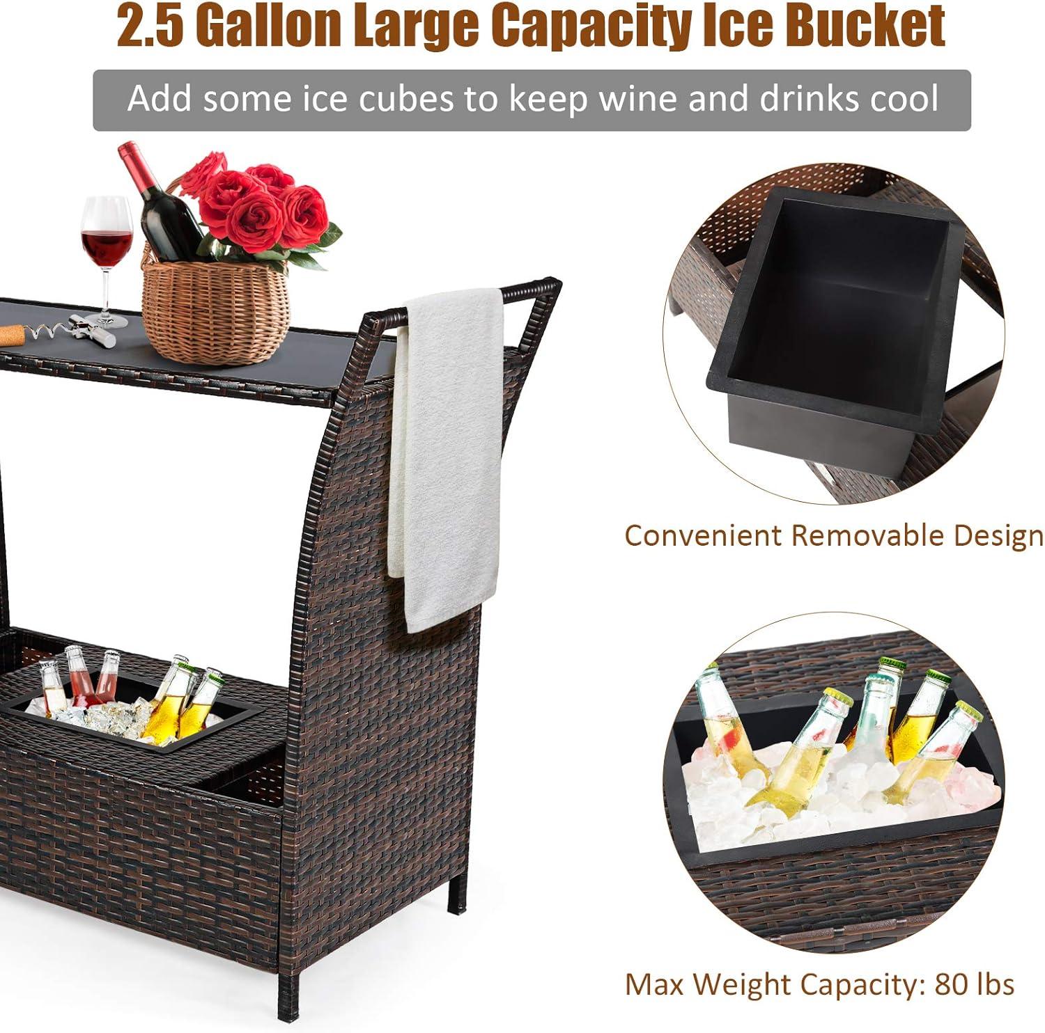 RELAX4LIFE Outdoor Wicker Bar Cart with Removable Ice bucket, Patio Serving Counter Table with Glass Top & Wheels, Storage Compartments Rattan Rolling Trolley for Pool, Backyard,Porch Wine Cart, Brown