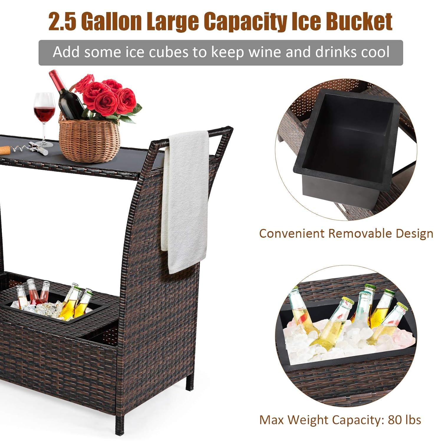 RELAX4LIFE Outdoor Wicker Bar Cart with Removable Ice bucket, Patio Serving Counter Table with Glass Top & Wheels, Storage Compartments Rattan Rolling Trolley for Pool, Backyard,Porch Wine Cart, Brown