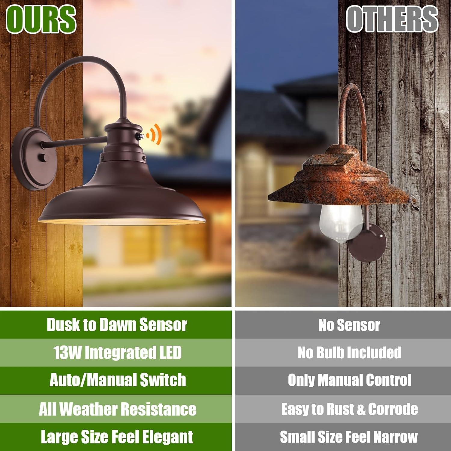 VIANIS Dusk to Dawn Barn Lights, 2 Pack Brown Gooseneck Outdoor Light Fixture, Farmhouse Outdoor Wall Lights for House, Porch, Entryway, Garage
