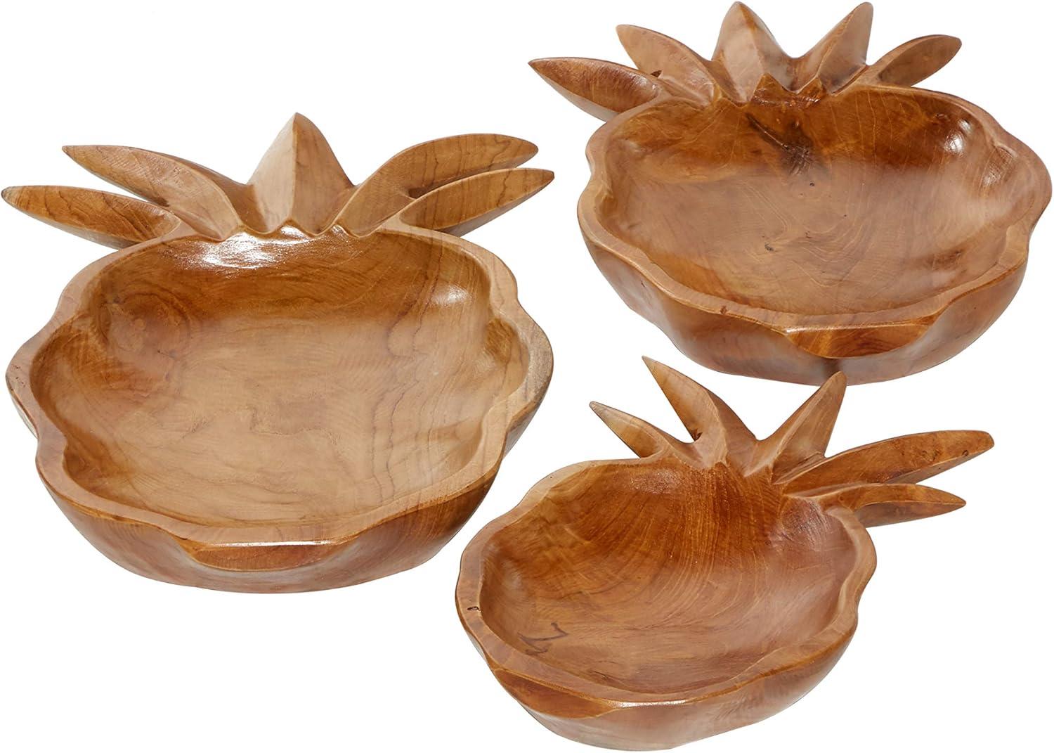 DecMode 7", 10", 11"W Handmade Round Pineapple Fruit Brown Teak Wood Decorative Bowl, Set of 3