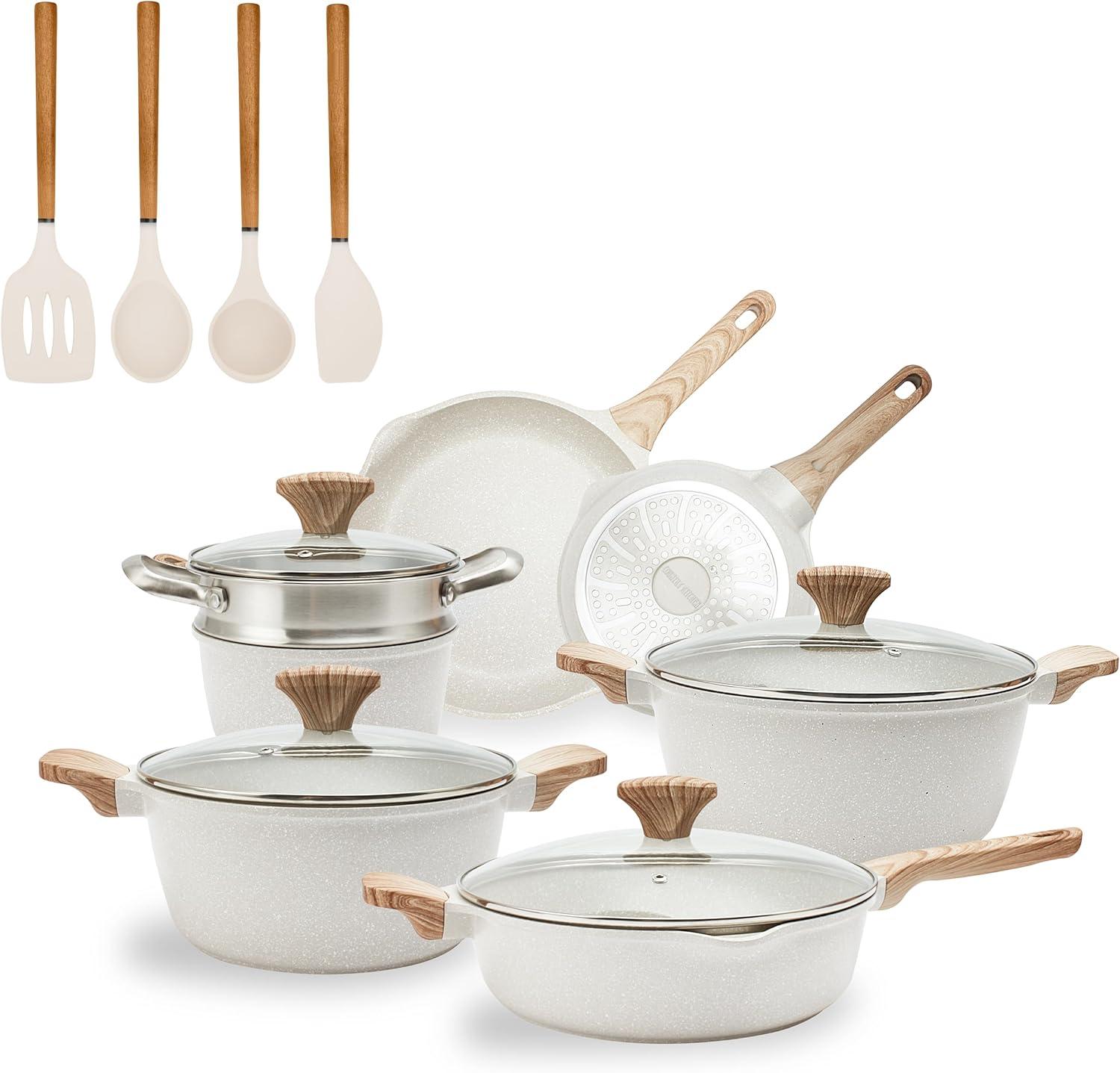 Cream Non-Stick Aluminum 15-Piece Cookware Set with Silicone Utensils