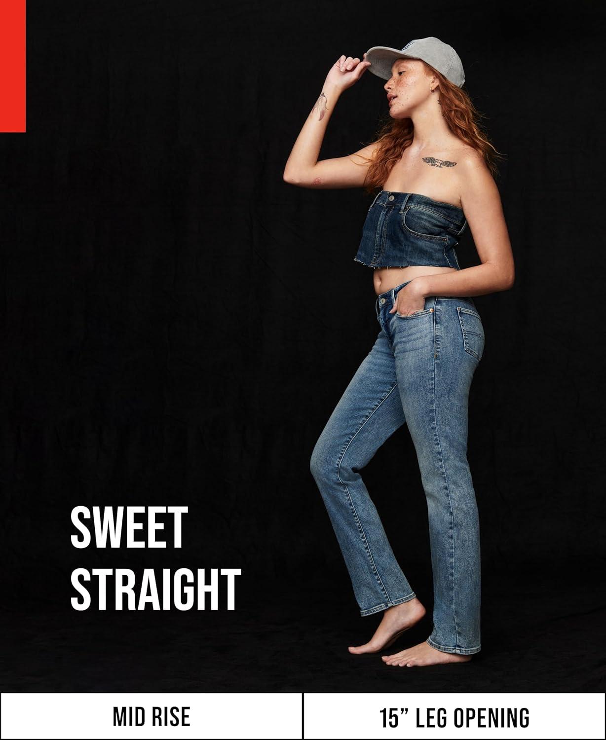 Women's Mid Rise Light Blue Cotton Blend Straight Leg Jeans