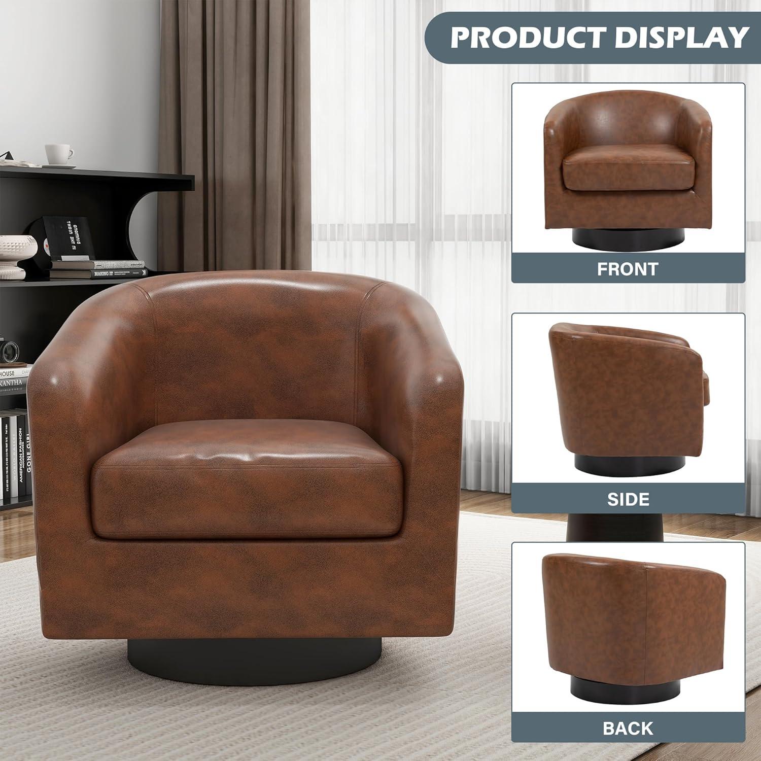 Brown Faux Leather Swivel Barrel Accent Chairs Set of 2