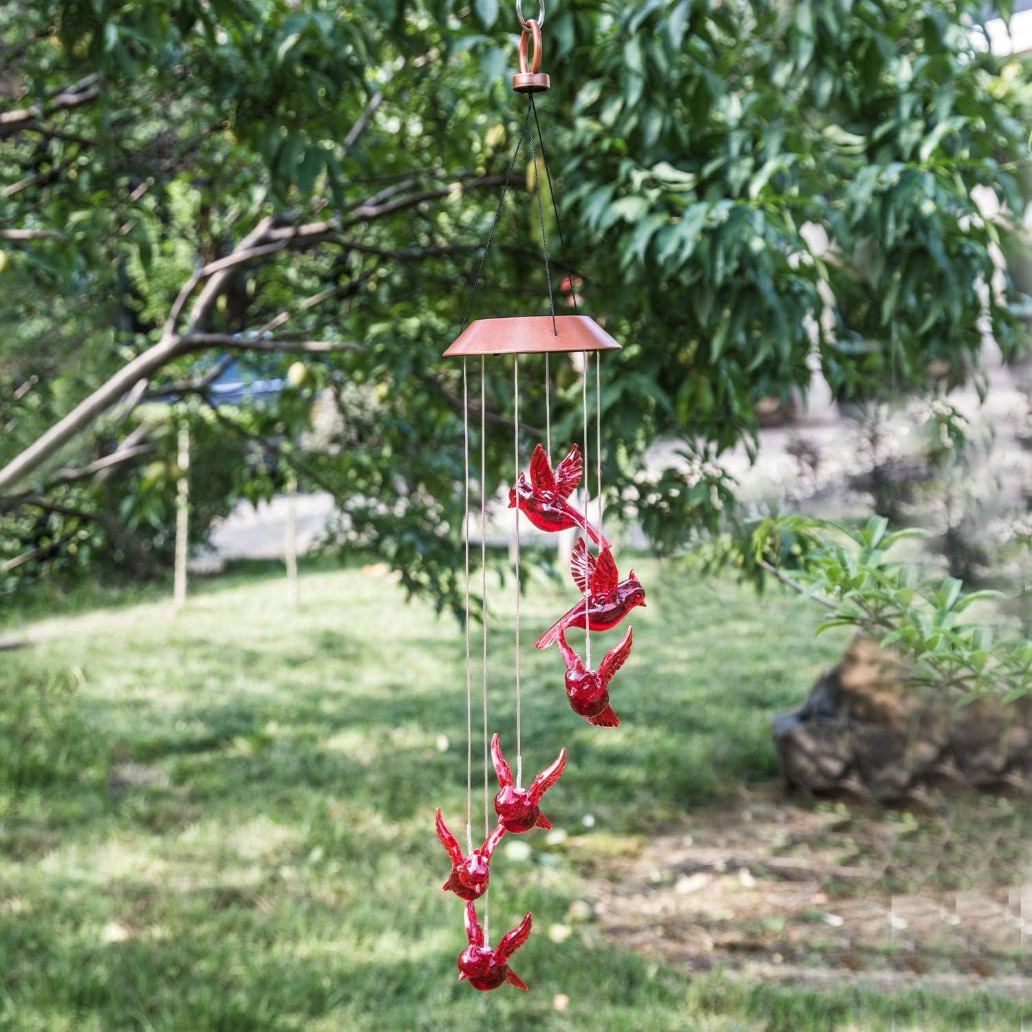 Solar-Powered Red Bird Wind Chimes with LED Lights