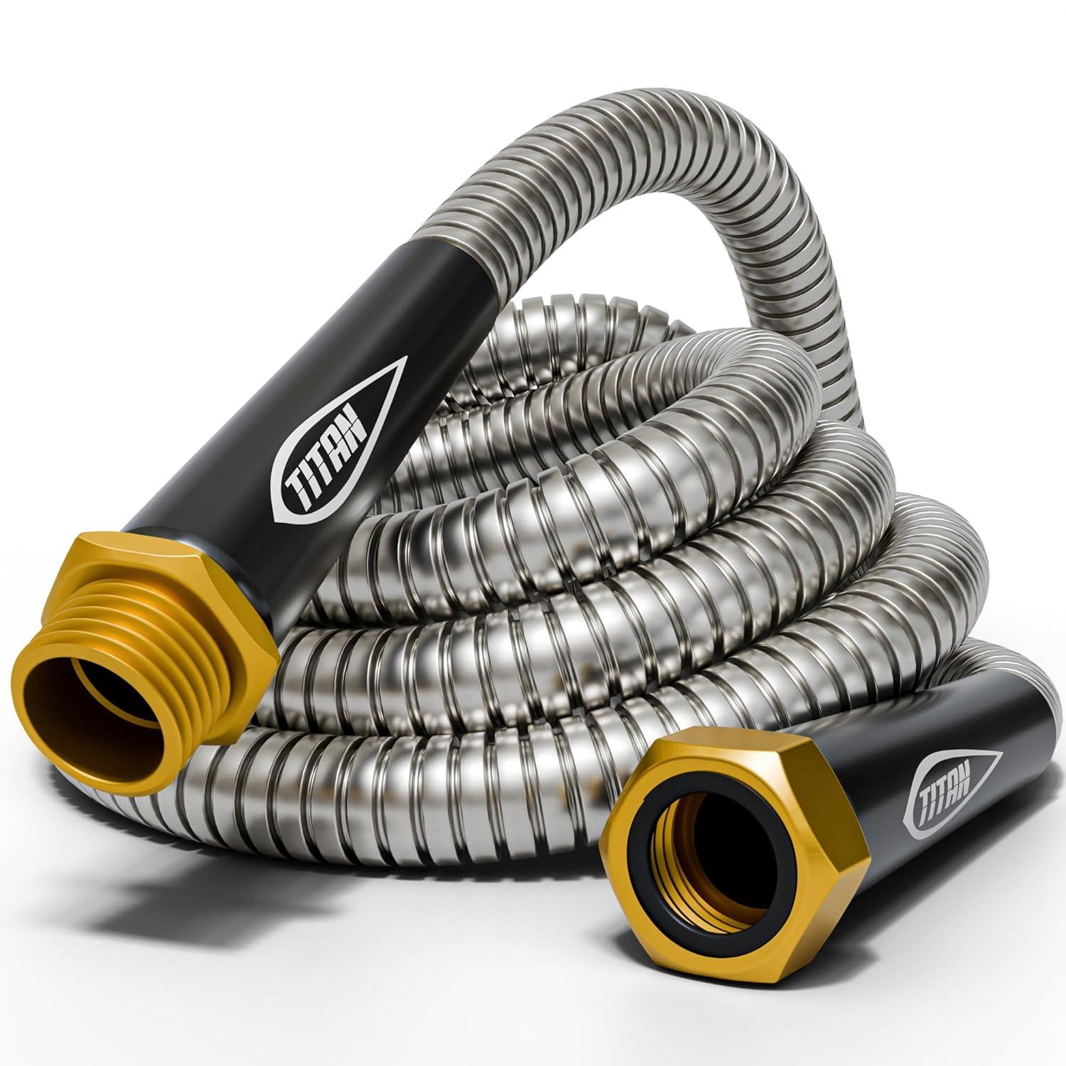 TITAN Garden Hose 100FT - 304 Stainless Steel Metal Water Hose, Flexible, Kink-Free, Lightweight, Durable, Crush Resistant Fittings, Easy to Coil, 500 PSI