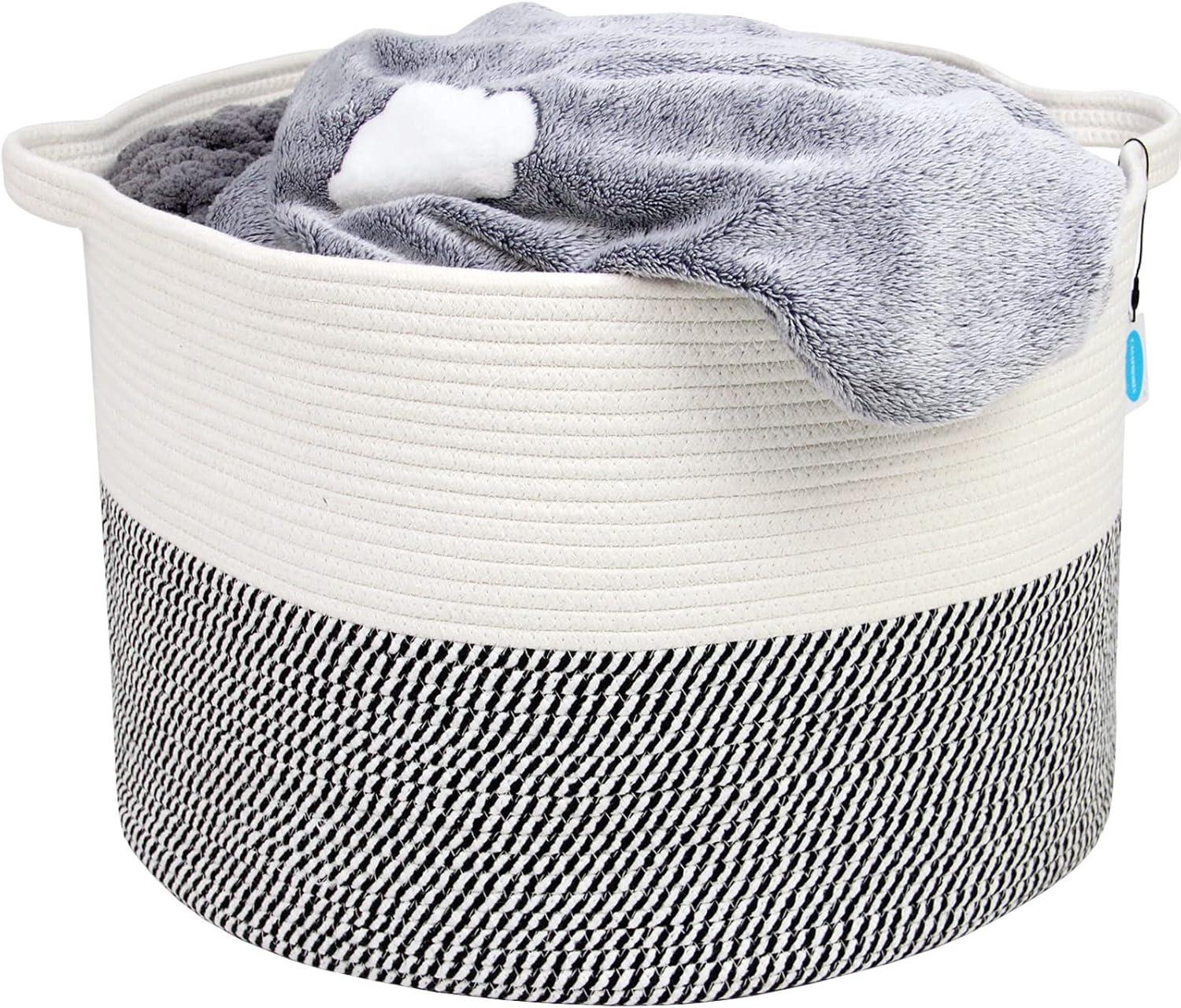 Casaphoria XXXLarge Cotton Rope Basket for Living Room - Woven Storage Basket with Handle for Blankets, Towels and Pillows Laundry Hamper | White & Grey (21.7" x 21.7" x 13.8")