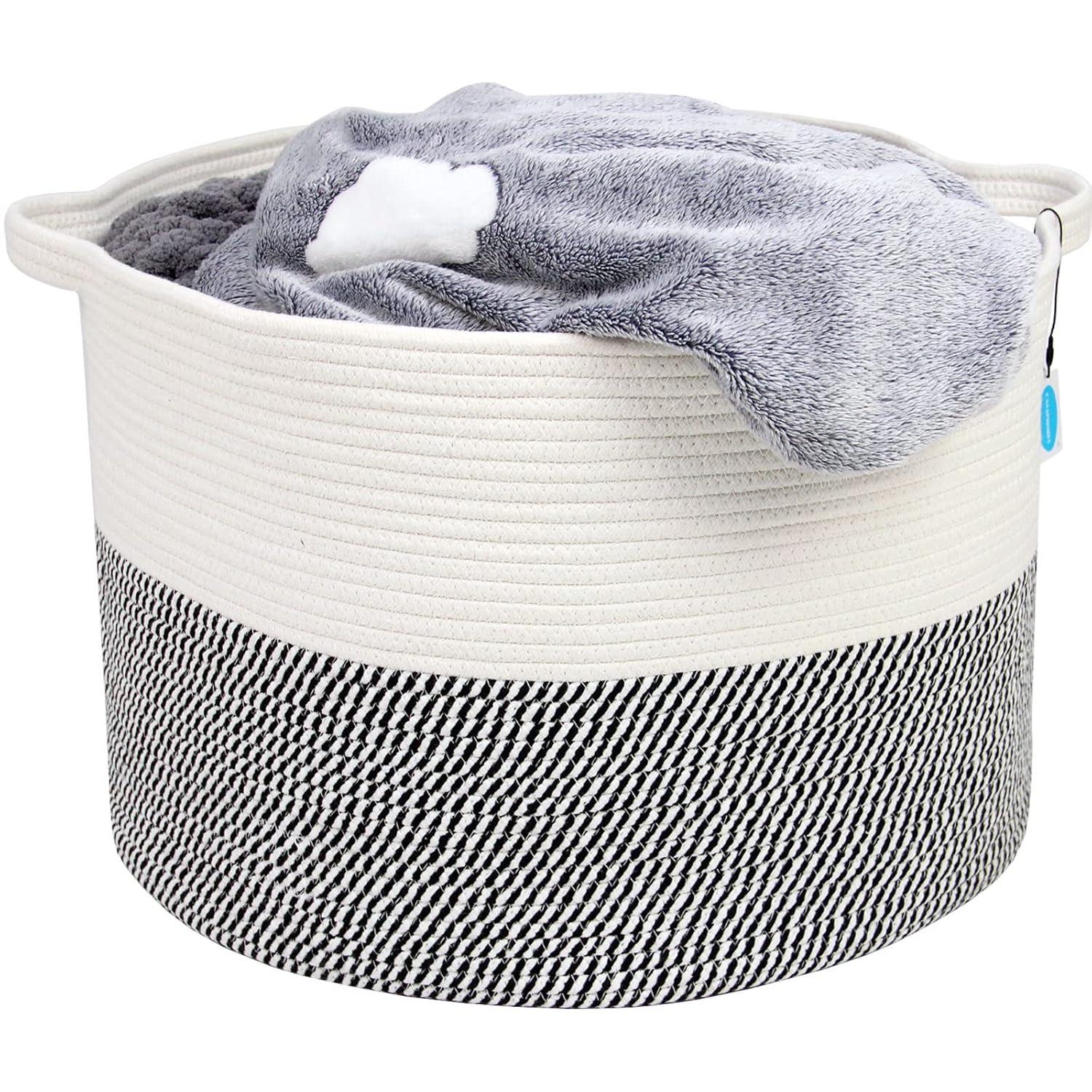 Casaphoria XXXLarge Cotton Rope Basket for Living Room - Woven Storage Basket with Handle for Blankets, Towels and Pillows Laundry Hamper | White & Grey (21.7" x 21.7" x 13.8")