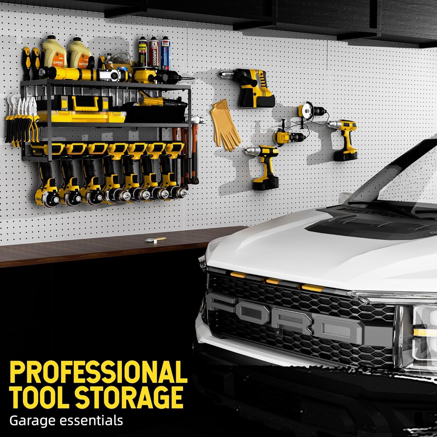 Power Tool Organizer, 7 Drill Holder for Tool Organizer, Storage and Organization for Garage, Heavy Duty Metal Tool Shelf Utility Rack for Cordless Power Tools Suitable for Pegboard/Workshop