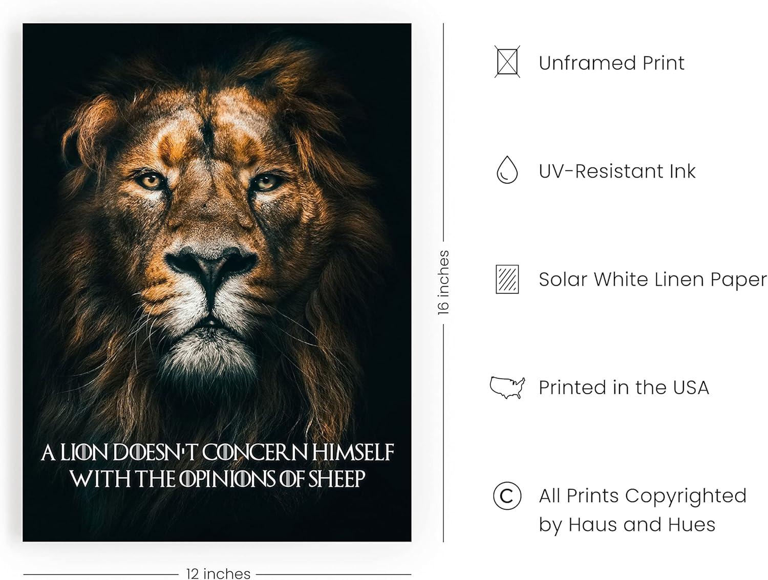 HAUS AND HUES Lion Poster Inspirational - Motivational Quotes Wall Art, Inspirational Quotes Lion Wall Art, Lion Art for Wall, Motivational Posters for Office, Lion Pictures (12x16, Unframed)