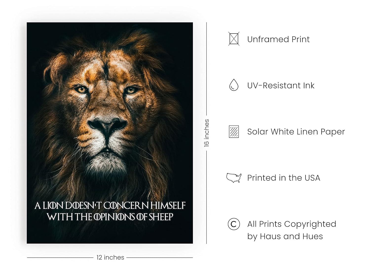 HAUS AND HUES Lion Poster Inspirational - Motivational Quotes Wall Art, Inspirational Quotes Lion Wall Art, Lion Art for Wall, Motivational Posters for Office, Lion Pictures (12x16, Unframed)