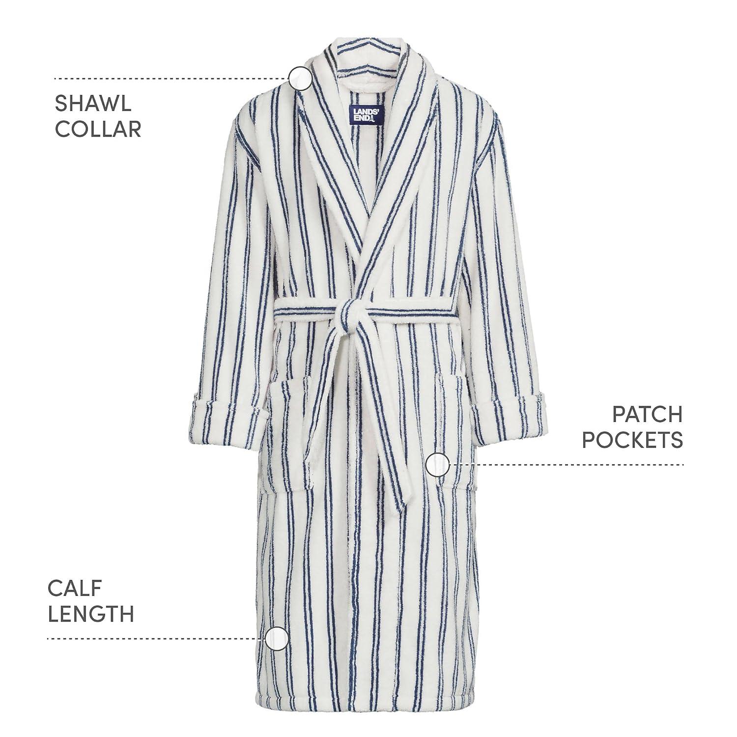 Lands' End Men's Calf Length Pattern Turkish Terry Robe - Large - Egret White Double Stripes