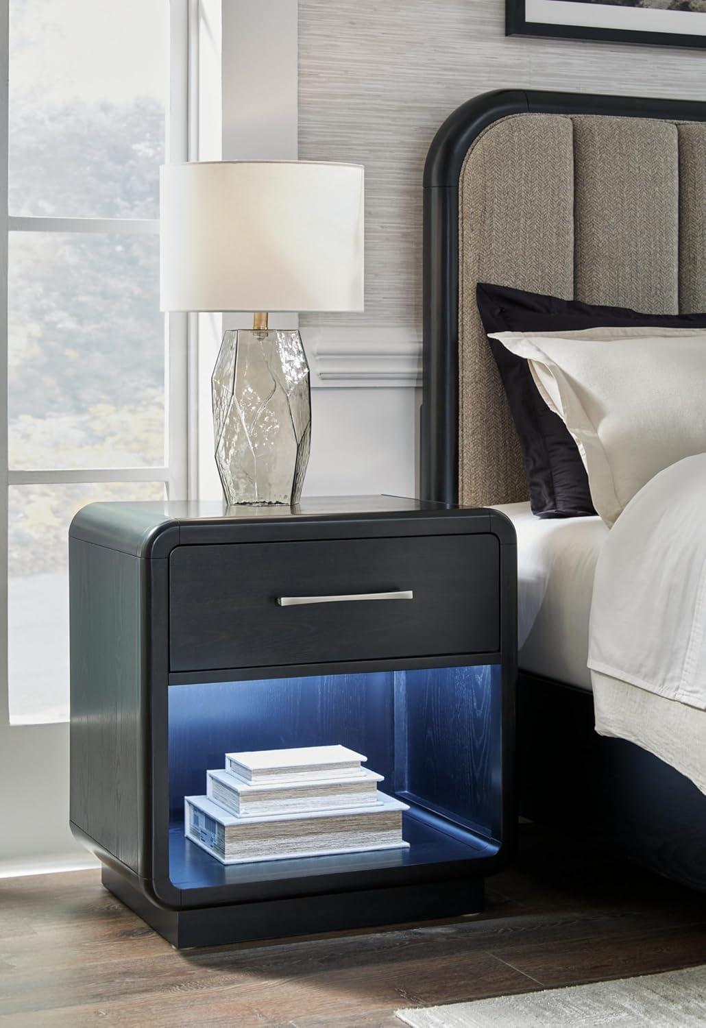 Black Modern Nightstand with LED Light and USB Ports