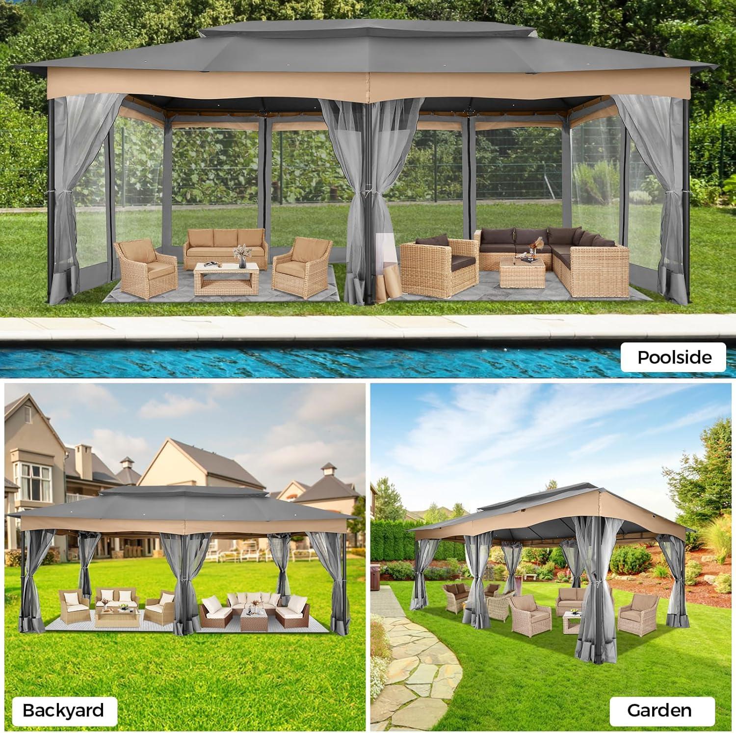 Hoteel 12X20 Heavy Duty Outdoor Patio Gazebo with Mosquito Netting and Curtains, Canopy Tent Deck Gazebo with Double Roofs and Metal Steel Frame for Party, Backyard, Deck, Garden, Gray